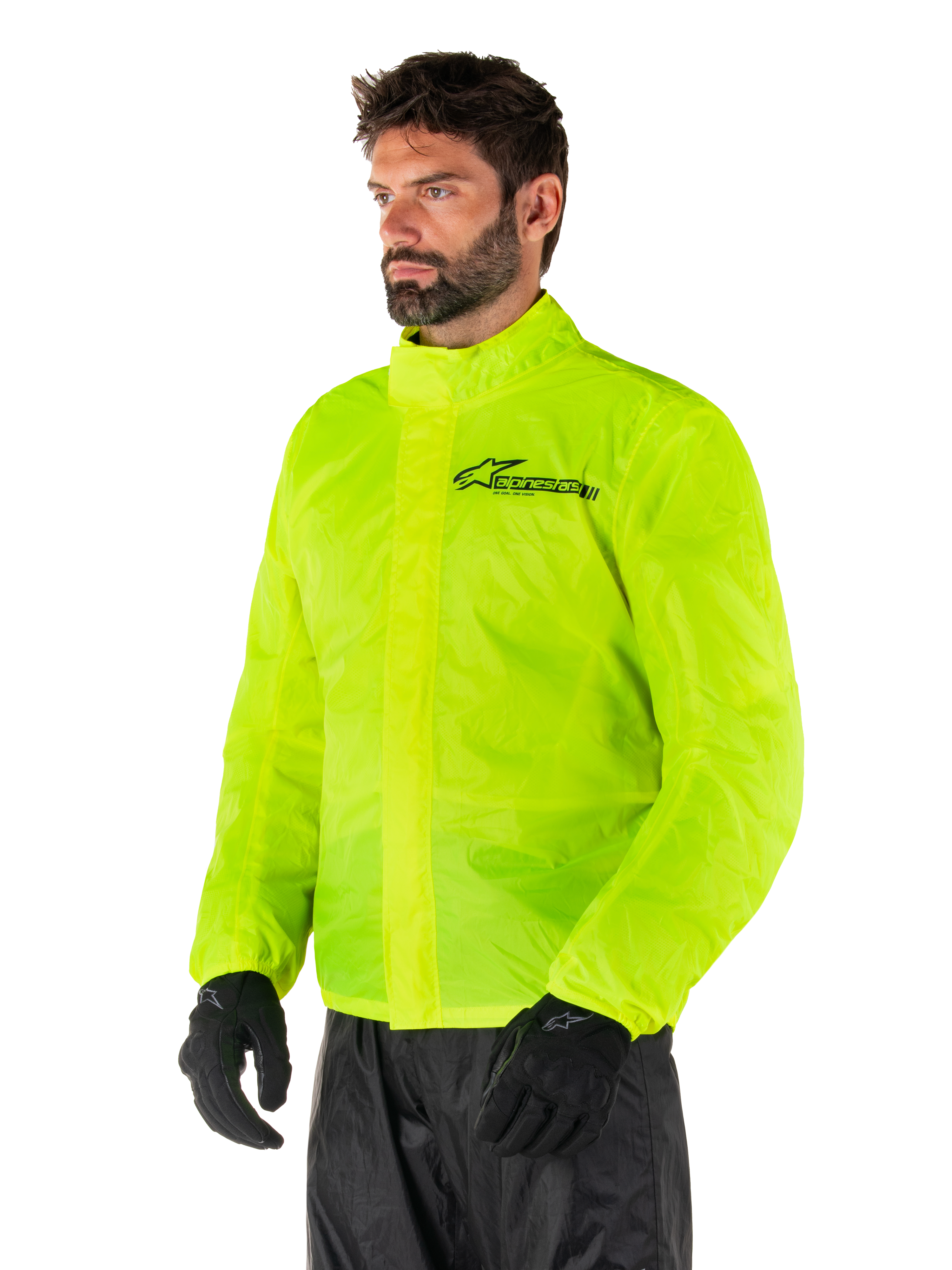 Chaqueta Alpinestars Hurricane Rain V2, Amarillo Fluo, chaqueta impermeable para moto de alta visibilidad en color amarillo fluorescente, cierre frontal de doble solapa, logotipo de Alpinestars en el pecho, diseño ligero y plegable para conducir con clima húmedo