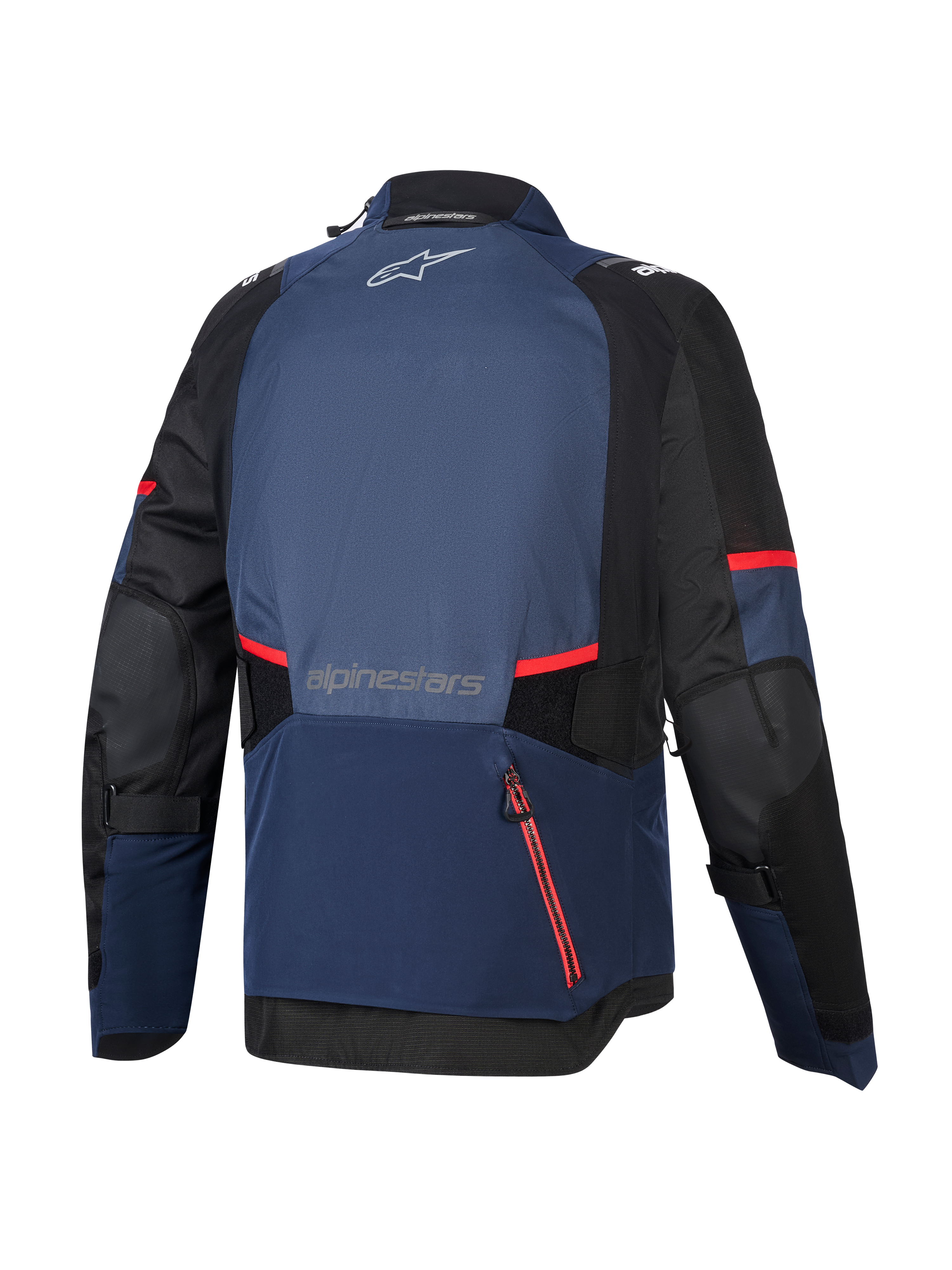 Alpinestars Andes V4 Drystar® Jacket, vista trasera, azul marino Night Navy, Mood Indigo y negro, con detalles y rayas rojas en las cremalleras, gran compartimento trasero impermeable, logotipo de Alpinestars en la parte superior e inferior de la espalda, chaqueta técnica textil de turismo de aventura.