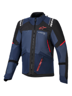 Chaqueta Alpinestars Andes V4 Drystar®, chaqueta de moto, azul marino Night Navy, Mood Indigo y negro, vista frontal con detalles en rojo y marca Alpinestars en blanco en pecho y hombros, equipamiento textil resistente para conducción de aventura.