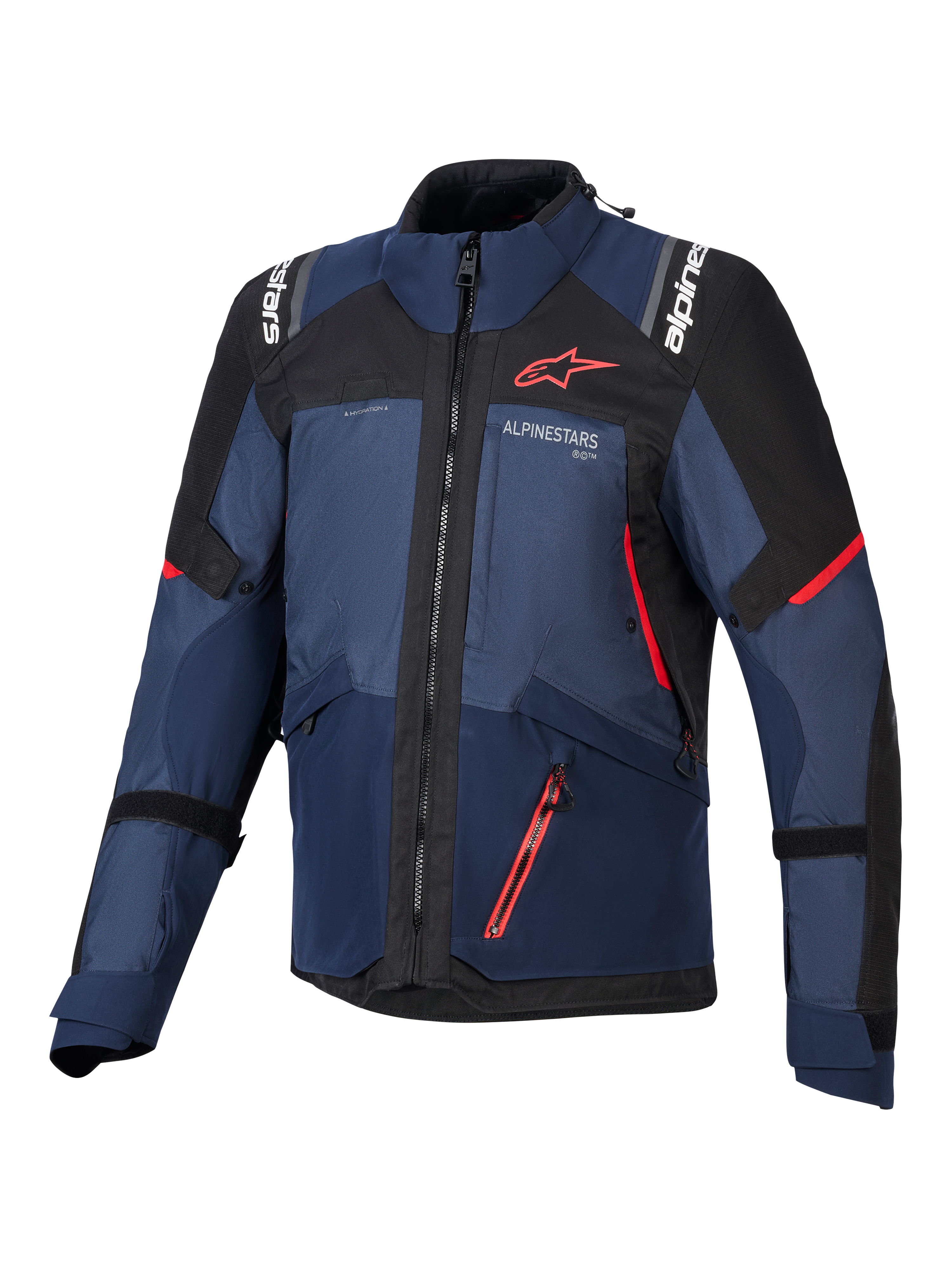Chaqueta Alpinestars Andes V4 Drystar®, chaqueta de moto, azul marino Night Navy, Mood Indigo y negro, vista frontal con detalles en rojo y marca Alpinestars en blanco en pecho y hombros, equipamiento textil resistente para conducción de aventura.