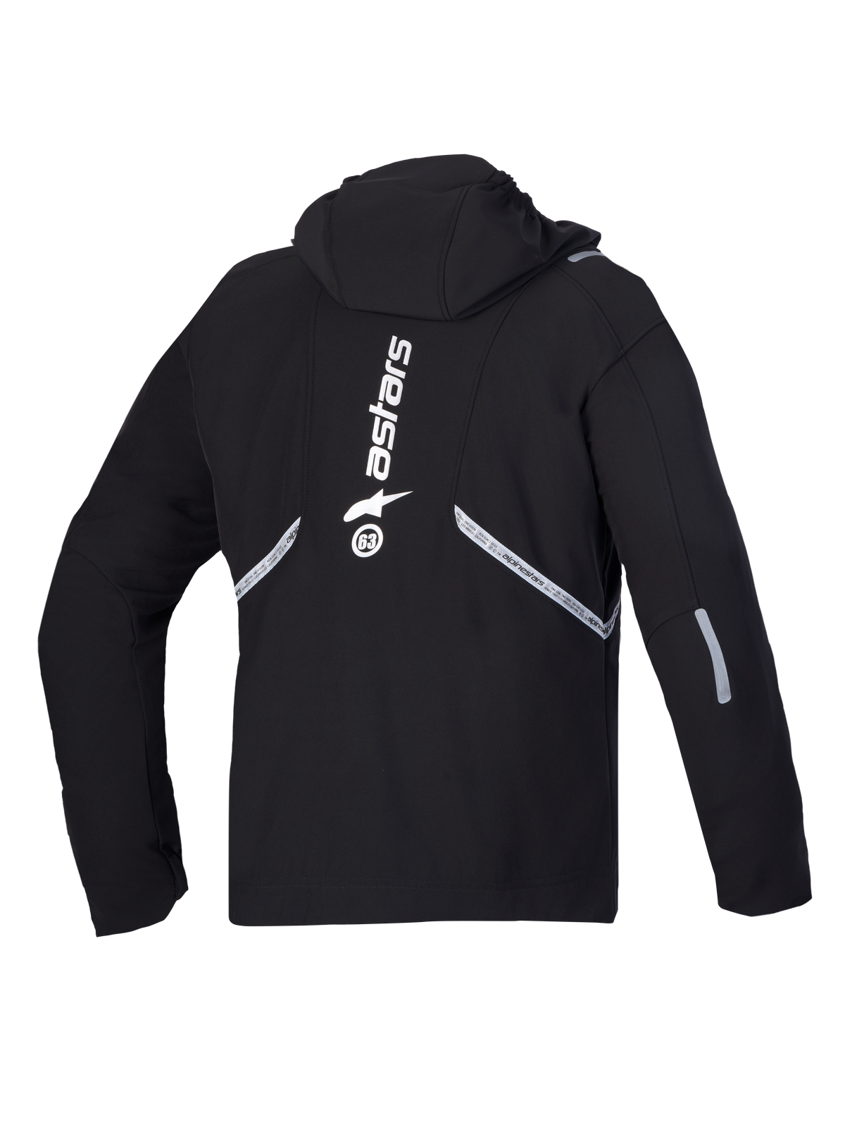 Alpinestars C 5 Drystar chaqueta de moto softshell impermeable, vista trasera en color negro con capucha integrada, detalles reflectantes y logotipo gráfico vertical grande en color blanco