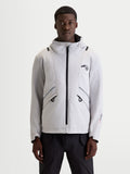 Alpinestars C-5 Drystar Jacket, men's urban contemporary motorcycle textile jacket in light gray and black, front view on a model wearing an integrated hood and waterproof riding apparel