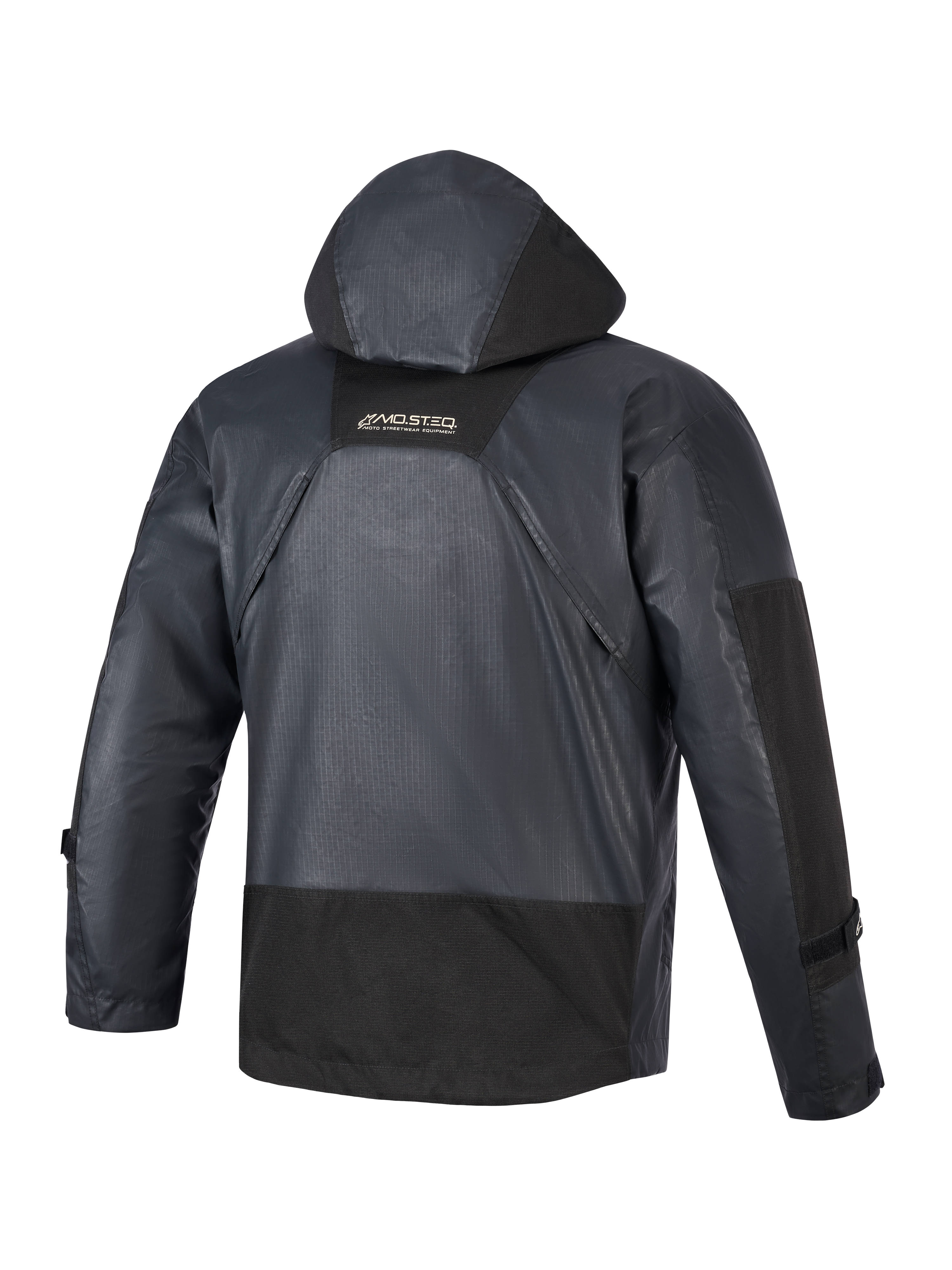 Chaqueta impermeable Alpinestars Mospher, parka de moto, negra, vista trasera que muestra la capucha integrada y la construcción de tejido ripstop, logotipo MO.ST.EQ en la parte superior de la espalda, diseño urbano táctico para conducción en todo tipo de clima