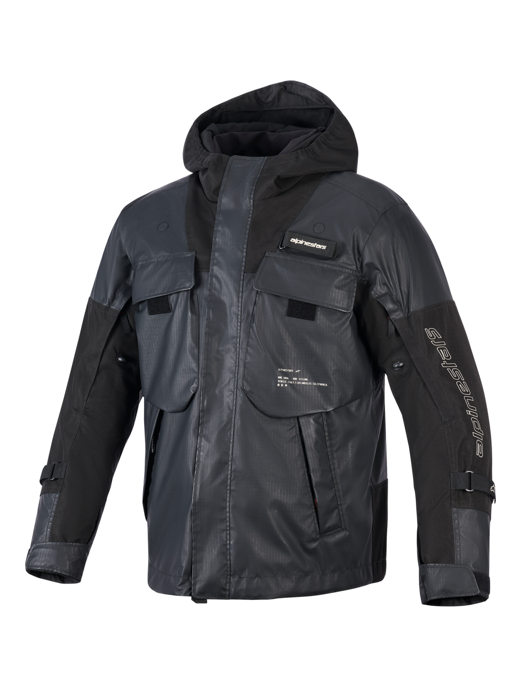 Chaqueta Alpinestars Mospher Waterproof, parka de moto negra, diseño táctico funcional con múltiples bolsillos grandes, construcción en tejido ripstop, capucha integrada, logotipos blancos de Alpinestars en la manga y el pecho