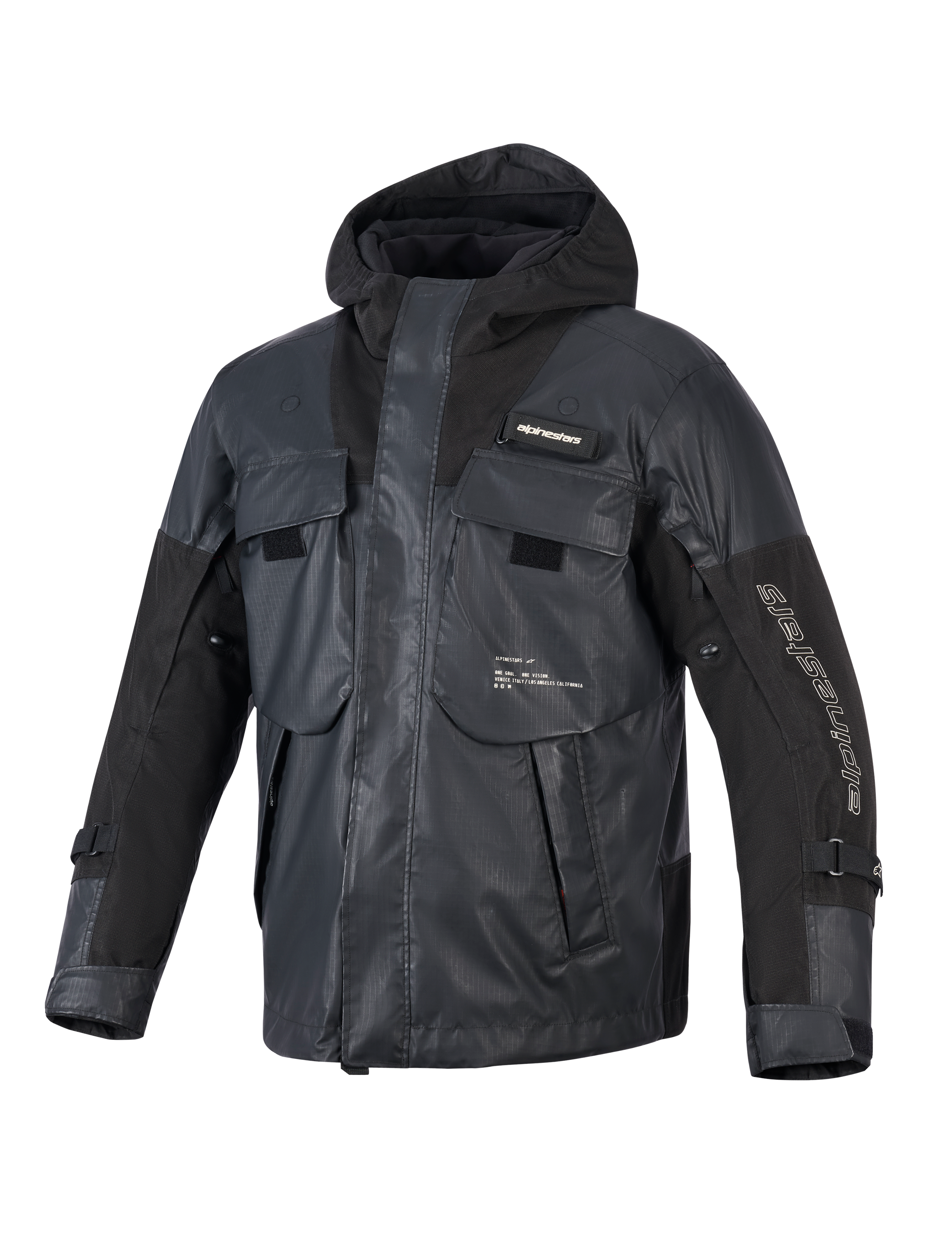 Chaqueta Alpinestars Mospher Waterproof, parka de moto negra, diseño táctico funcional con múltiples bolsillos grandes, construcción en tejido ripstop, capucha integrada, logotipos blancos de Alpinestars en la manga y el pecho