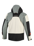 Alpinestars Mospher Waterproof Jacket in Fur Gray Black Ice, back view, featuring a military-inspired multi-panel design with gray, black, and ice white sections, an integrated hood, and MO.ST.EQ branding on the upper back.