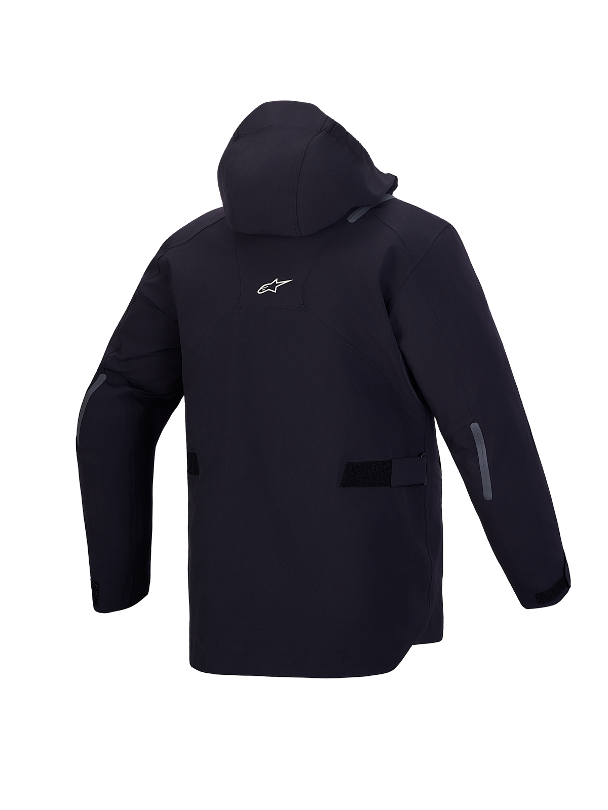 Alpinestars C 7 Drystar XF Chaqueta, chaqueta de moto urbana impermeable, vista trasera en negro con capucha integrada y detalles reflectantes