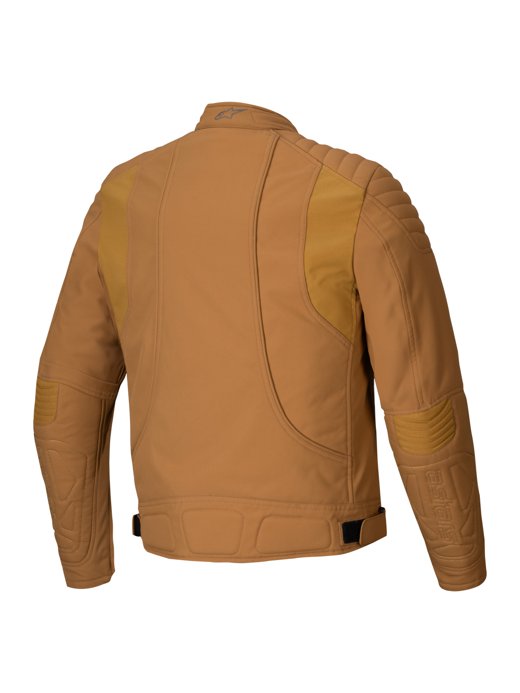 Alpinestars Clayton WR Jacket, chaqueta de moto, marrón Utility Brown Light Gold, vista posterior con acolchado en hombros y codos, líneas ergonómicas curvas y correas ajustables en la cintura, equipamiento urbano para motociclistas
