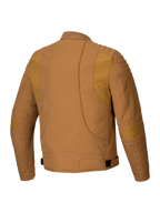 Alpinestars Clayton WR Jacket, chaqueta de moto, marrón Utility Brown Light Gold, vista posterior con acolchado en hombros y codos, líneas ergonómicas curvas y correas ajustables en la cintura, equipamiento urbano para motociclistas