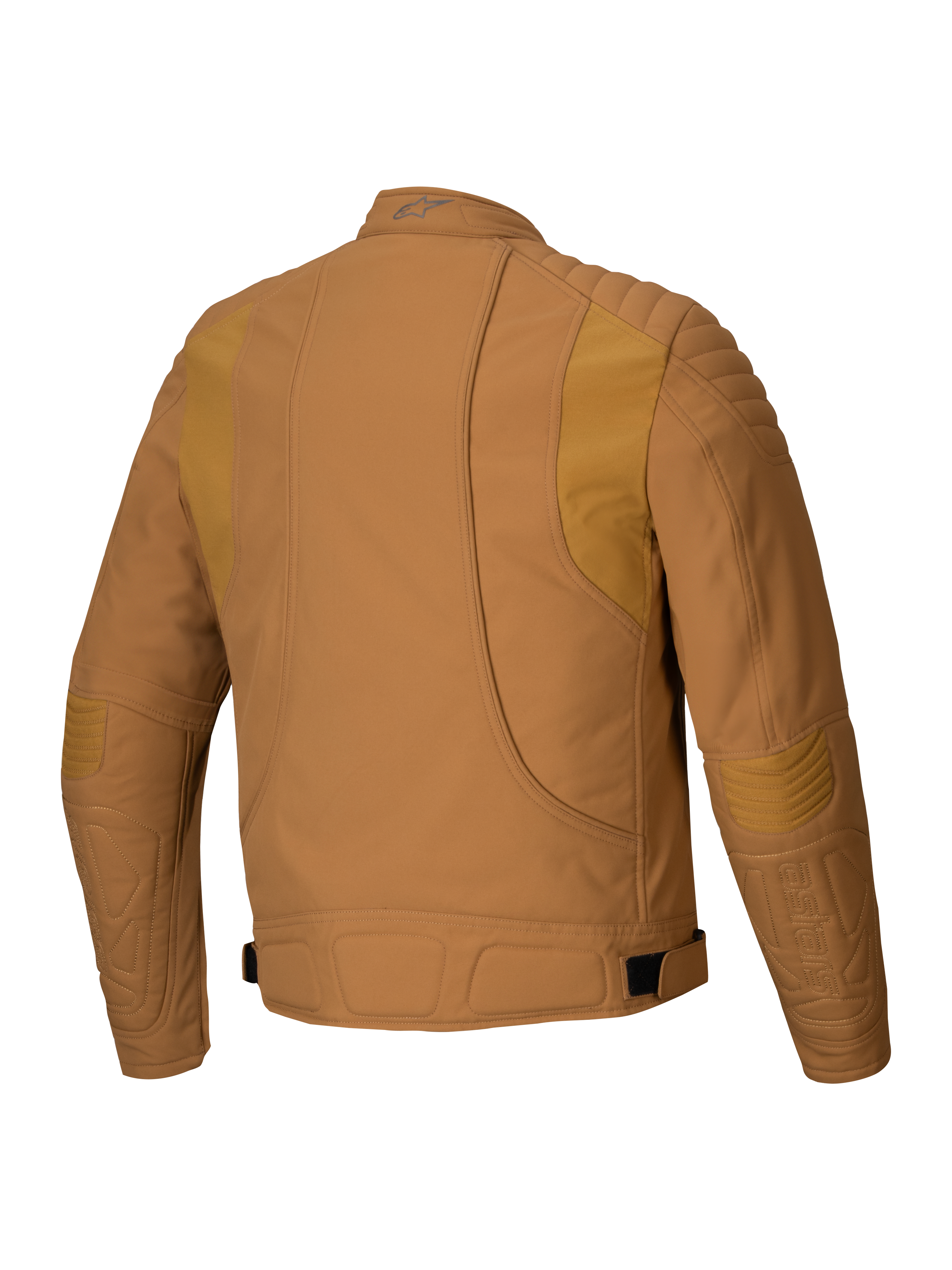 Alpinestars Clayton WR Jacket, chaqueta de moto, marrón Utility Brown Light Gold, vista posterior con acolchado en hombros y codos, líneas ergonómicas curvas y correas ajustables en la cintura, equipamiento urbano para motociclistas
