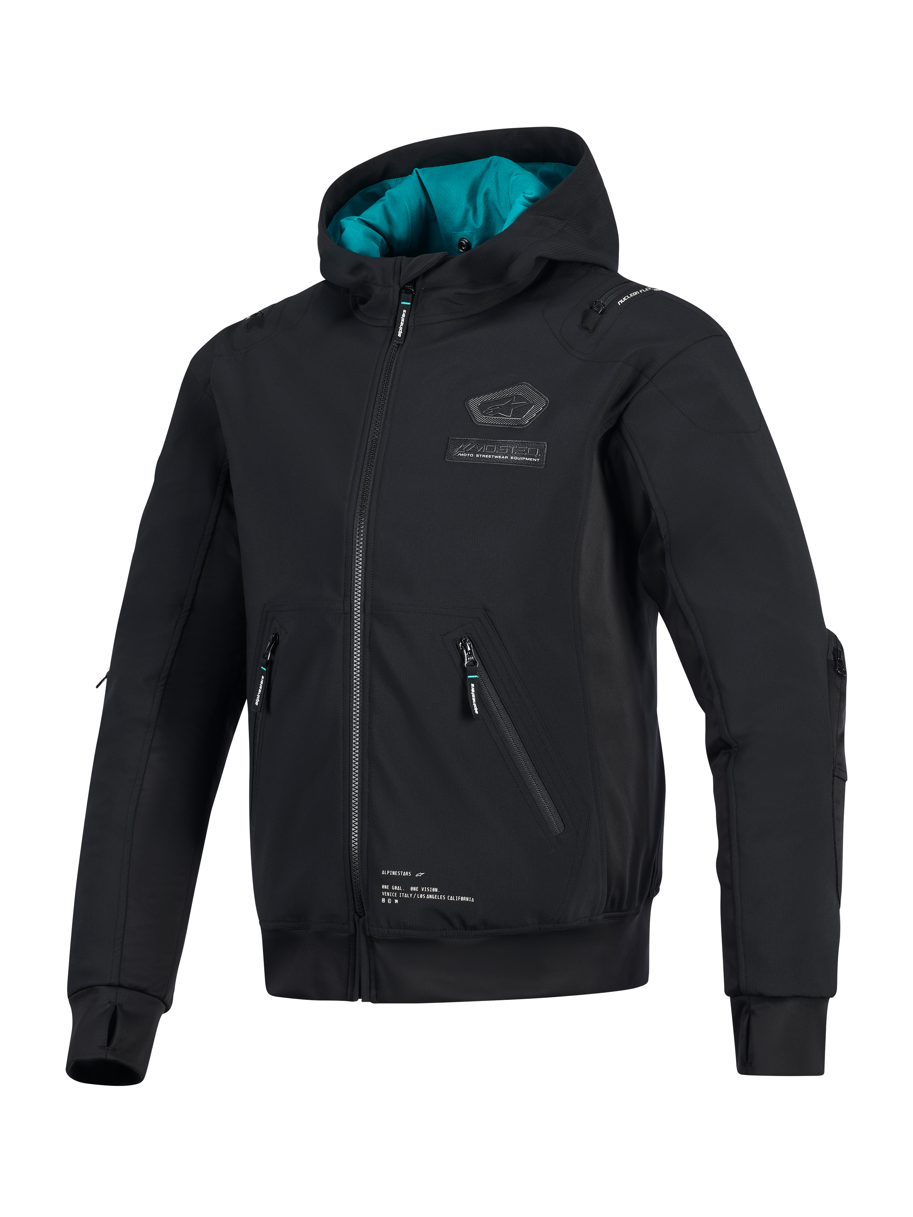 Alpinestars Moblast Waterproof Jacket, Black with teal hood lining, technical softshell motorcycle jacket featuring 3D zippered pockets, integrated thumbholes, and Alpinestars chest branding, urban riding apparel