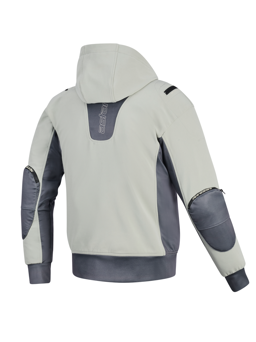 Chaqueta impermeable Alpinestars Moblast, vista trasera, Iron Gray y Dark Sage, sudadera con capucha para moto con cuerpo en verde salvia claro y acentos en gris oscuro, logotipo vertical en la espalda, cremalleras visibles de los protectores de codos y cintura elástica