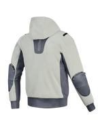 Chaqueta impermeable Alpinestars Moblast, vista trasera, Iron Gray y Dark Sage, sudadera con capucha para moto con cuerpo en verde salvia claro y acentos en gris oscuro, logotipo vertical en la espalda, cremalleras visibles de los protectores de codos y cintura elástica