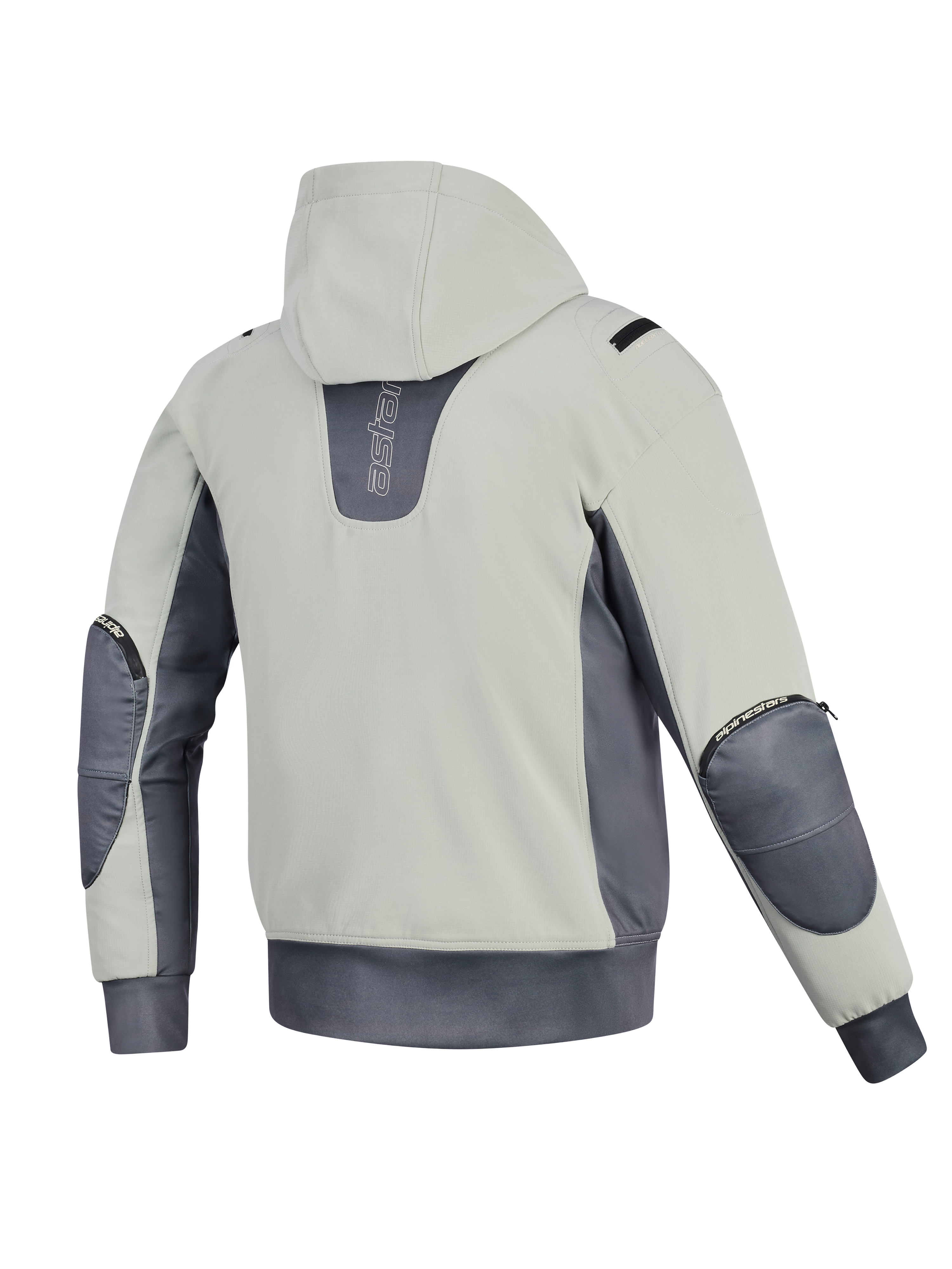 Chaqueta impermeable Alpinestars Moblast, vista trasera, Iron Gray y Dark Sage, sudadera con capucha para moto con cuerpo en verde salvia claro y acentos en gris oscuro, logotipo vertical en la espalda, cremalleras visibles de los protectores de codos y cintura elástica