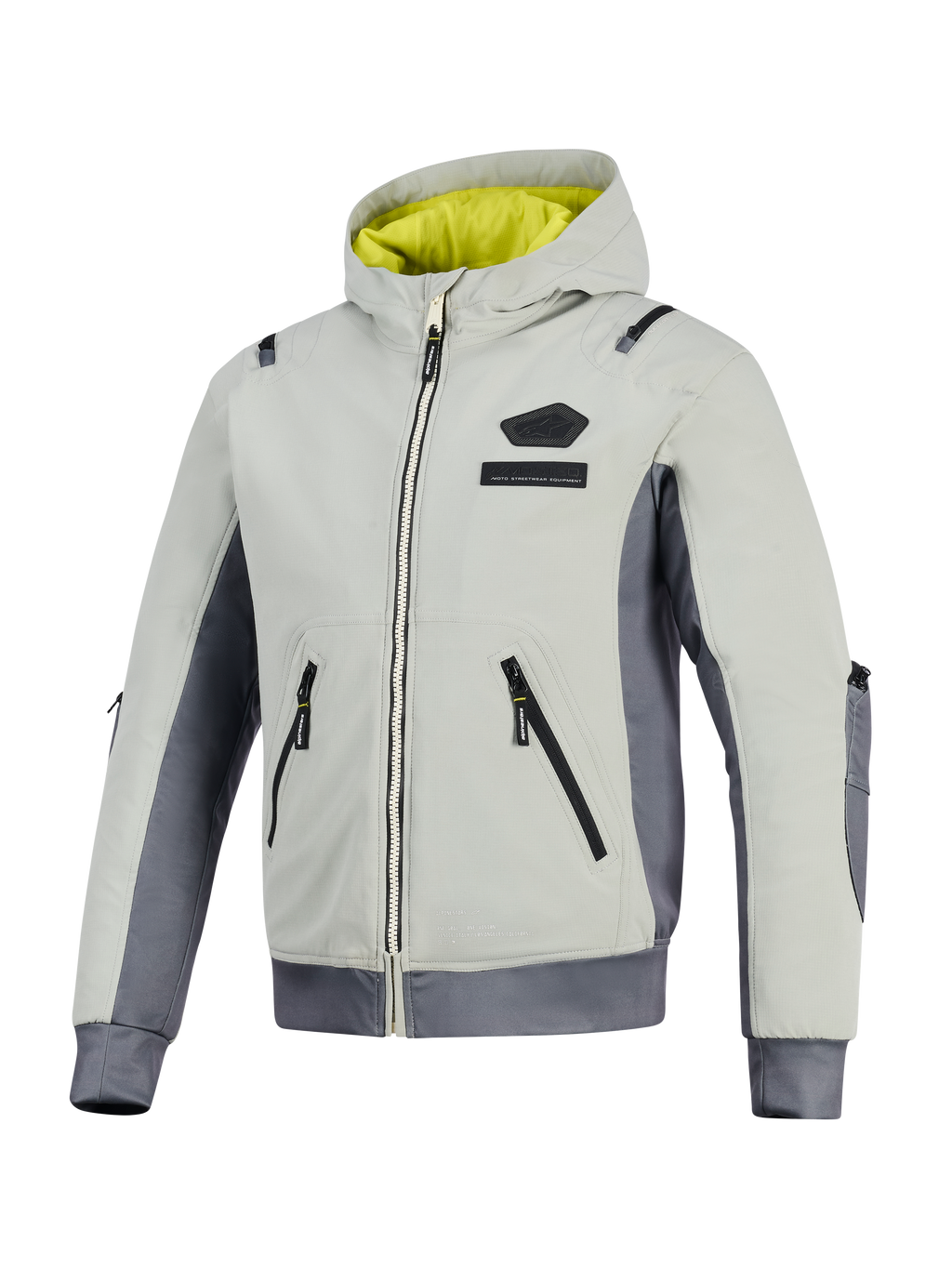 Chaqueta impermeable Alpinestars Moblast, gris hierro y salvia oscuro, chaqueta de moto con capucha y forro amarillo brillante, cuerpo textil gris claro con paneles laterales gris oscuro, con cremalleras impermeables y logotipo en el pecho