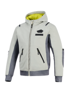 Chaqueta impermeable Alpinestars Moblast, gris hierro y salvia oscuro, chaqueta de moto con capucha y forro amarillo brillante, cuerpo textil gris claro con paneles laterales gris oscuro, con cremalleras impermeables y logotipo en el pecho