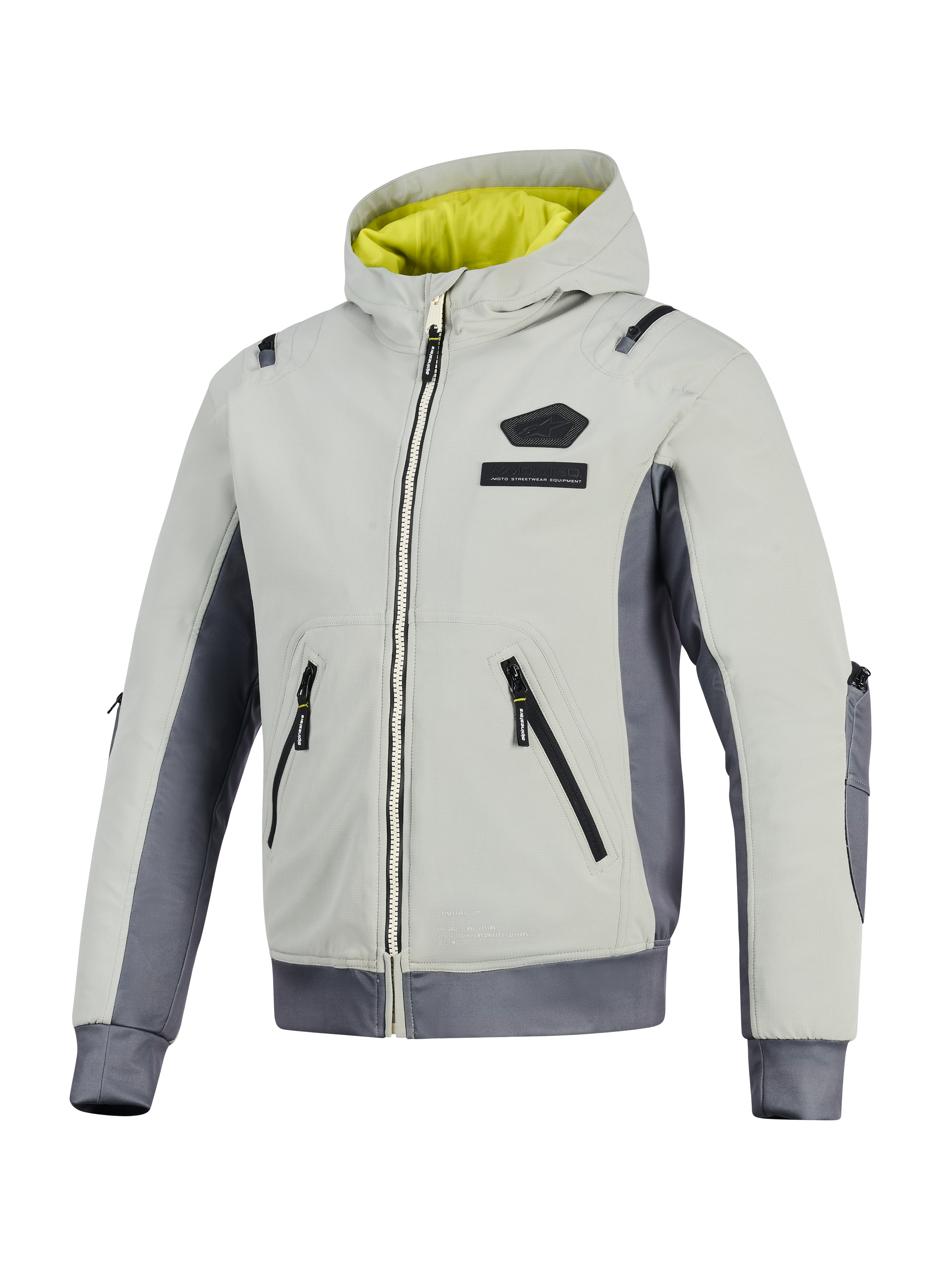 Chaqueta impermeable Alpinestars Moblast, gris hierro y salvia oscuro, chaqueta de moto con capucha y forro amarillo brillante, cuerpo textil gris claro con paneles laterales gris oscuro, con cremalleras impermeables y logotipo en el pecho