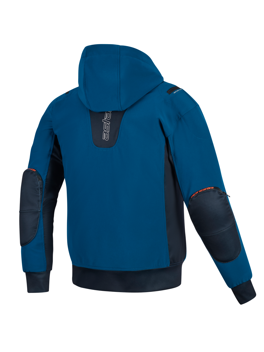 Chaqueta impermeable Alpinestars Moblast, azul petróleo oscuro y azul marino oscuro, vista posterior de la chaqueta de moto con capucha, con construcción softshell, paneles laterales en azul marino oscuro y protectores de codo reforzados con detalles del logo en naranja.