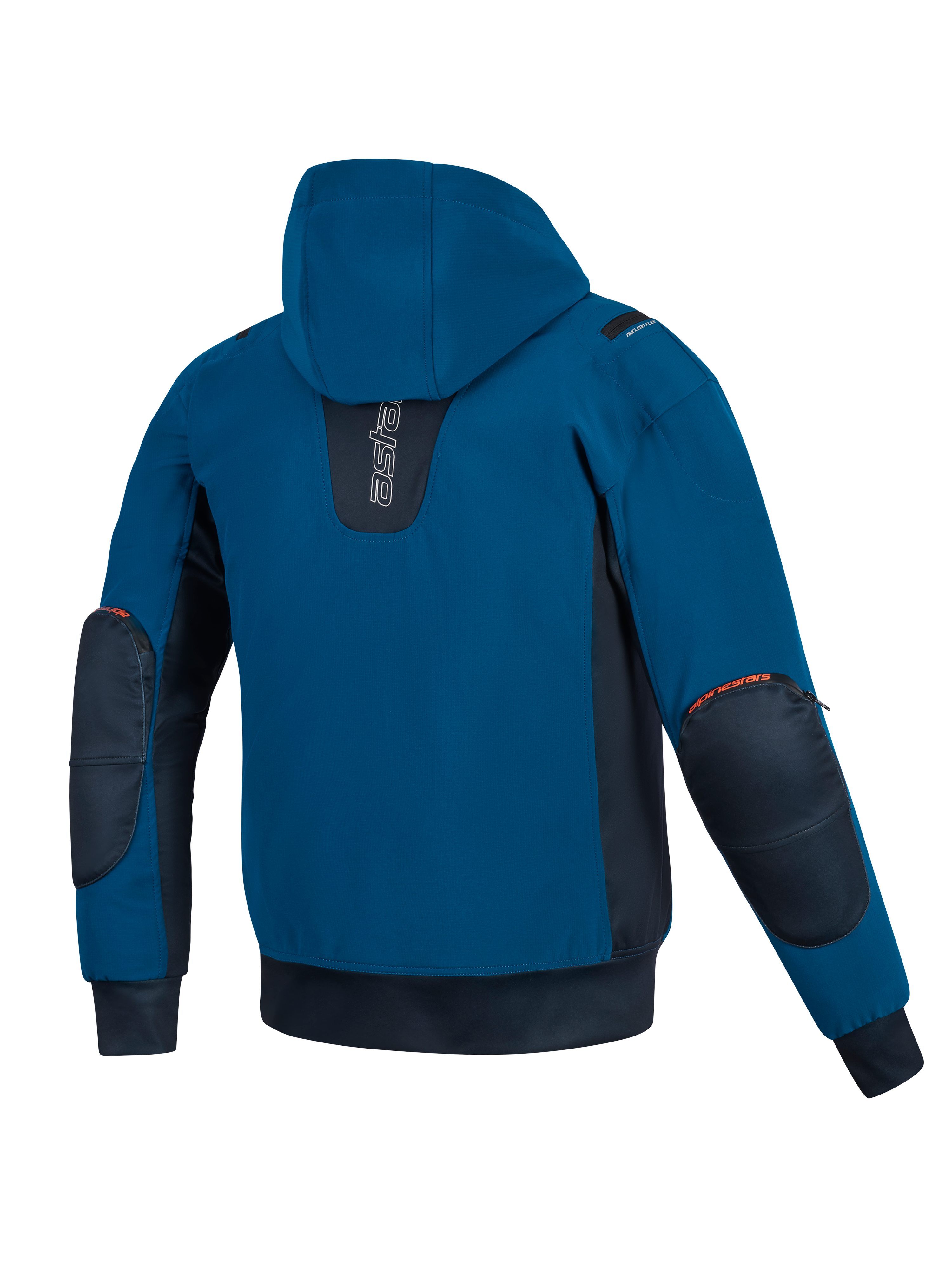 Chaqueta impermeable Alpinestars Moblast, azul petróleo oscuro y azul marino oscuro, vista posterior de la chaqueta de moto con capucha, con construcción softshell, paneles laterales en azul marino oscuro y protectores de codo reforzados con detalles del logo en naranja.
