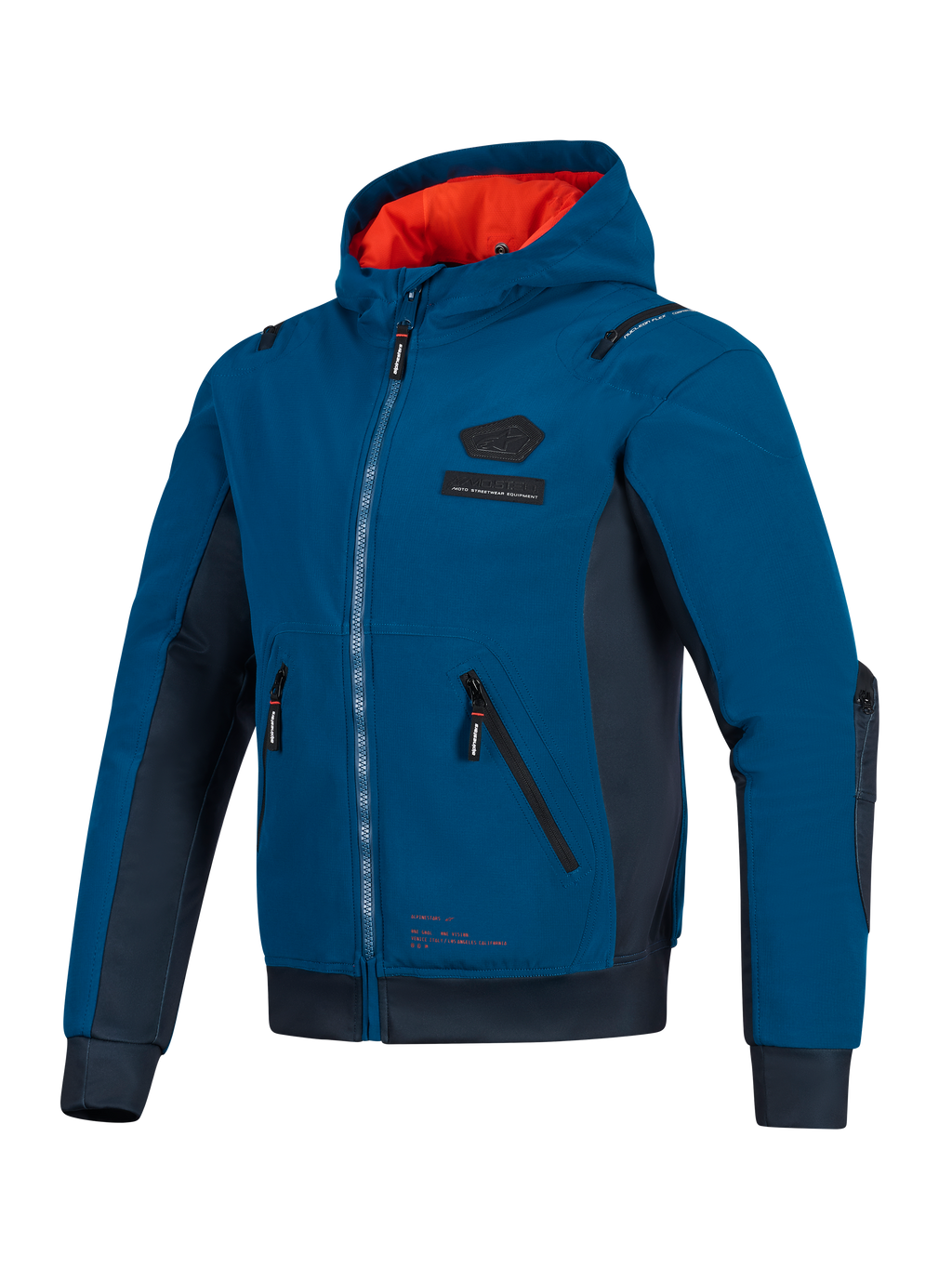 Chaqueta impermeable Alpinestars Moblast, azul Dark Petrol y Dark Navy, sudadera con capucha para moto urbana con forro de capucha en naranja brillante, bolsillos técnicos 3D y confección en softshell ripstop para traslados diarios en cualquier estación