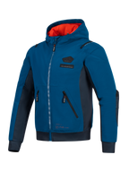 Chaqueta impermeable Alpinestars Moblast, azul Dark Petrol y Dark Navy, sudadera con capucha para moto urbana con forro de capucha en naranja brillante, bolsillos técnicos 3D y confección en softshell ripstop para traslados diarios en cualquier estación