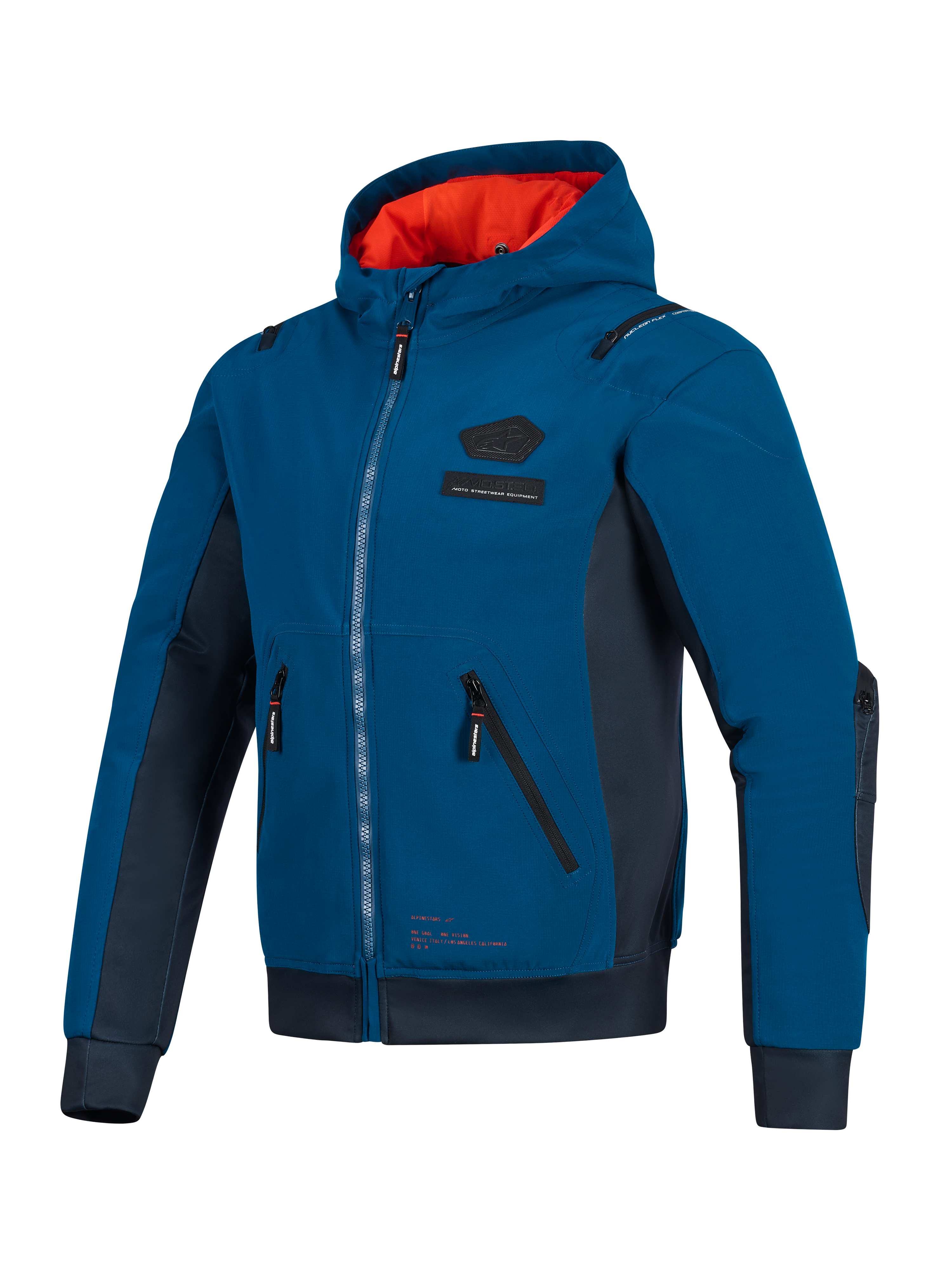 Chaqueta impermeable Alpinestars Moblast, azul Dark Petrol y Dark Navy, sudadera con capucha para moto urbana con forro de capucha en naranja brillante, bolsillos técnicos 3D y confección en softshell ripstop para traslados diarios en cualquier estación