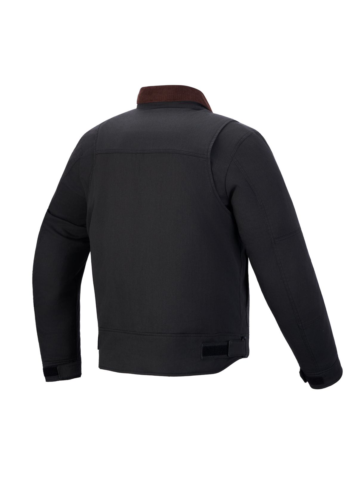 Alpinestars Mustang Waterproof Jacket, chaqueta de moto urbana para hombre, vista trasera, en gris oscuro y marrón oscuro, estilo inspirado en la ropa de trabajo con tejido de sarga elástica y cuello de pana