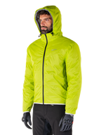 Alpinestars Mohobbs Waterproof Jacket, Lime Punch packable rain liner, bright neon green hooded jacket worn with black pants and gray gloves, urban streetwear-inspired motorcycle apparel