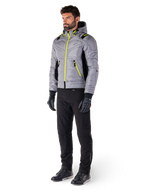 Alpinestars Mohobbs Waterproof Jacket in Lunar Gray and Lime Punch, quilted bomber-style motorcycle jacket with neon accents, worn by model with black riding pants and gloves, urban streetwear-inspired protective gear