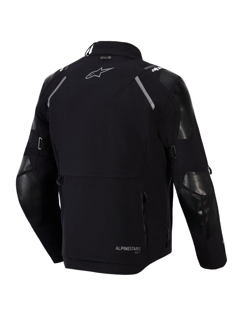 Chaqueta Alpinestars Andes Pro Drystar® XF, vista trasera, negro y gris oscuro, chaqueta textil de turismo de aventura con un gran bolsillo de almacenamiento trasero, detalles reflectantes en los hombros, logotipo de Alpinestars y marca de compatibilidad Tech-Air®.