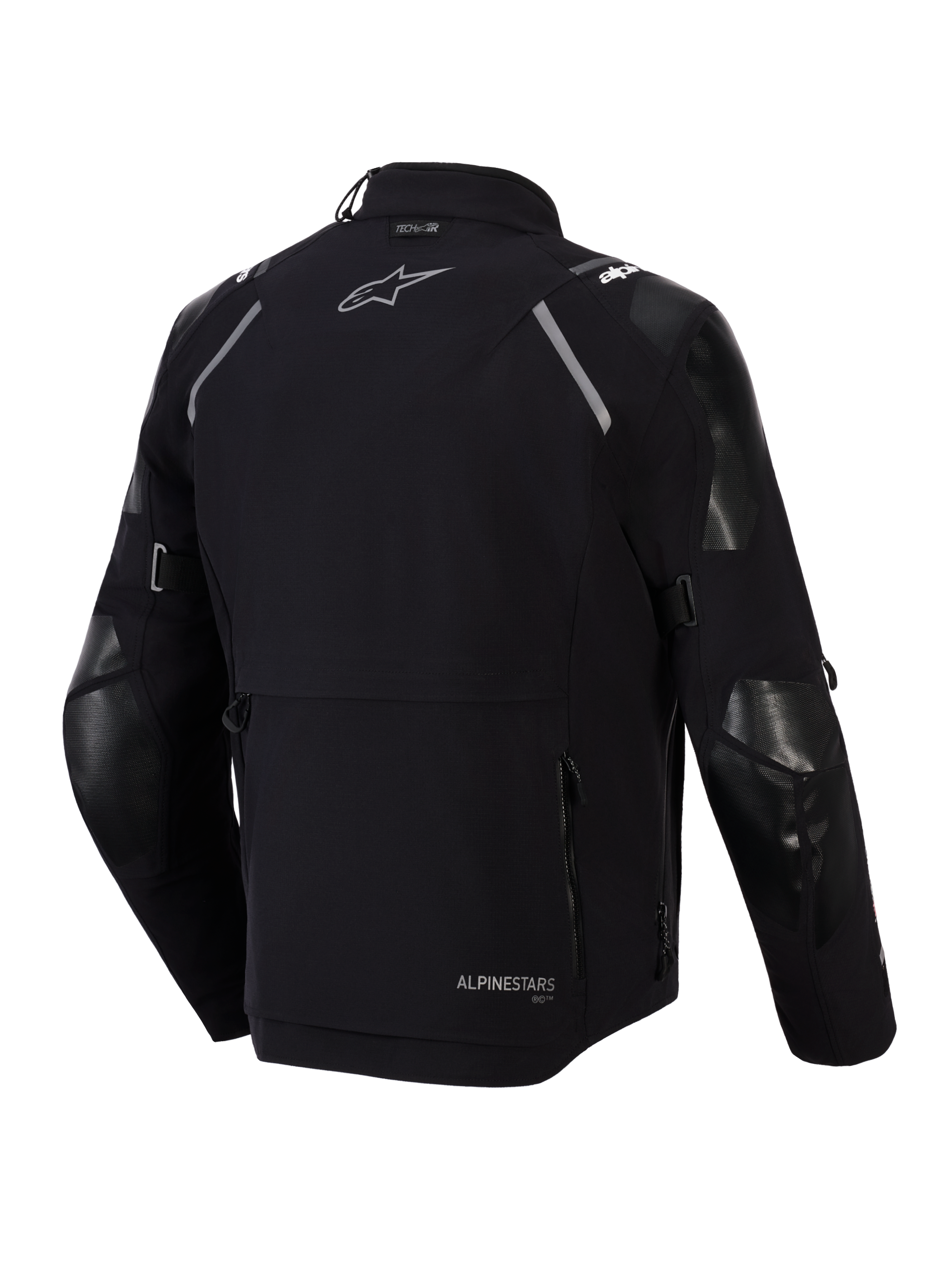Chaqueta Alpinestars Andes Pro Drystar® XF, vista trasera, negro y gris oscuro, chaqueta textil de turismo de aventura con un gran bolsillo de almacenamiento trasero, detalles reflectantes en los hombros, logotipo de Alpinestars y marca de compatibilidad Tech-Air®.