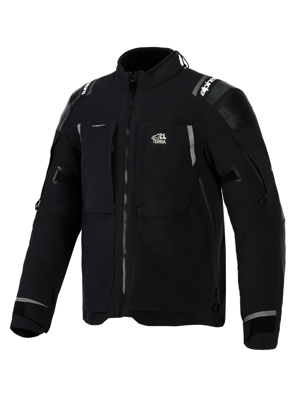 Chaqueta Alpinestars Andes Pro Drystar® XF, chaqueta de aventura para motocicleta en color negro y gris oscuro, vista frontal en ángulo, con el logotipo 'ALL TERRA' en el pecho, detalles reflectantes en los hombros, múltiples bolsillos impermeables con cremallera y puños ajustables.