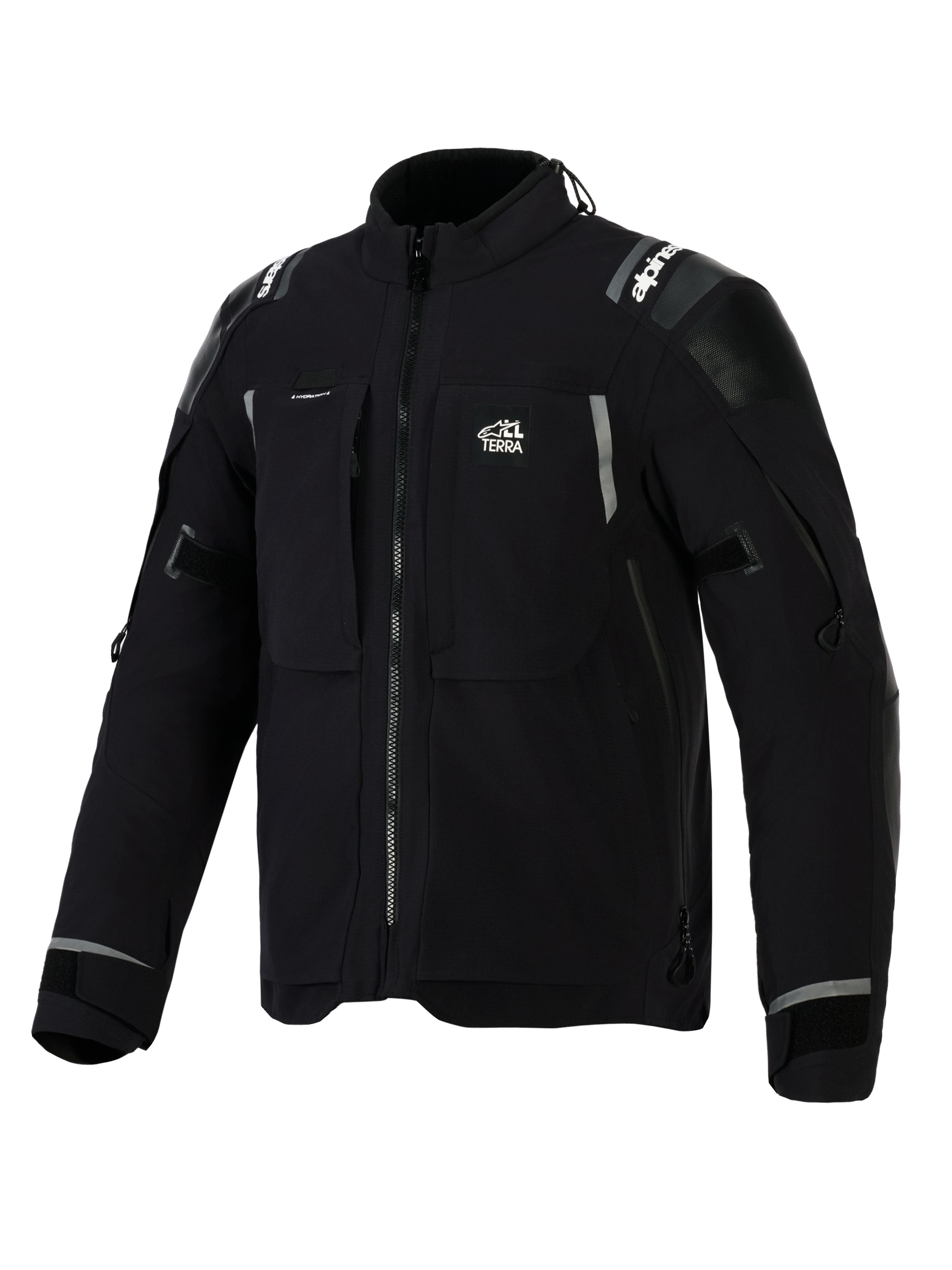 Chaqueta Alpinestars Andes Pro Drystar® XF, chaqueta de aventura para motocicleta en color negro y gris oscuro, vista frontal en ángulo, con el logotipo 'ALL TERRA' en el pecho, detalles reflectantes en los hombros, múltiples bolsillos impermeables con cremallera y puños ajustables.