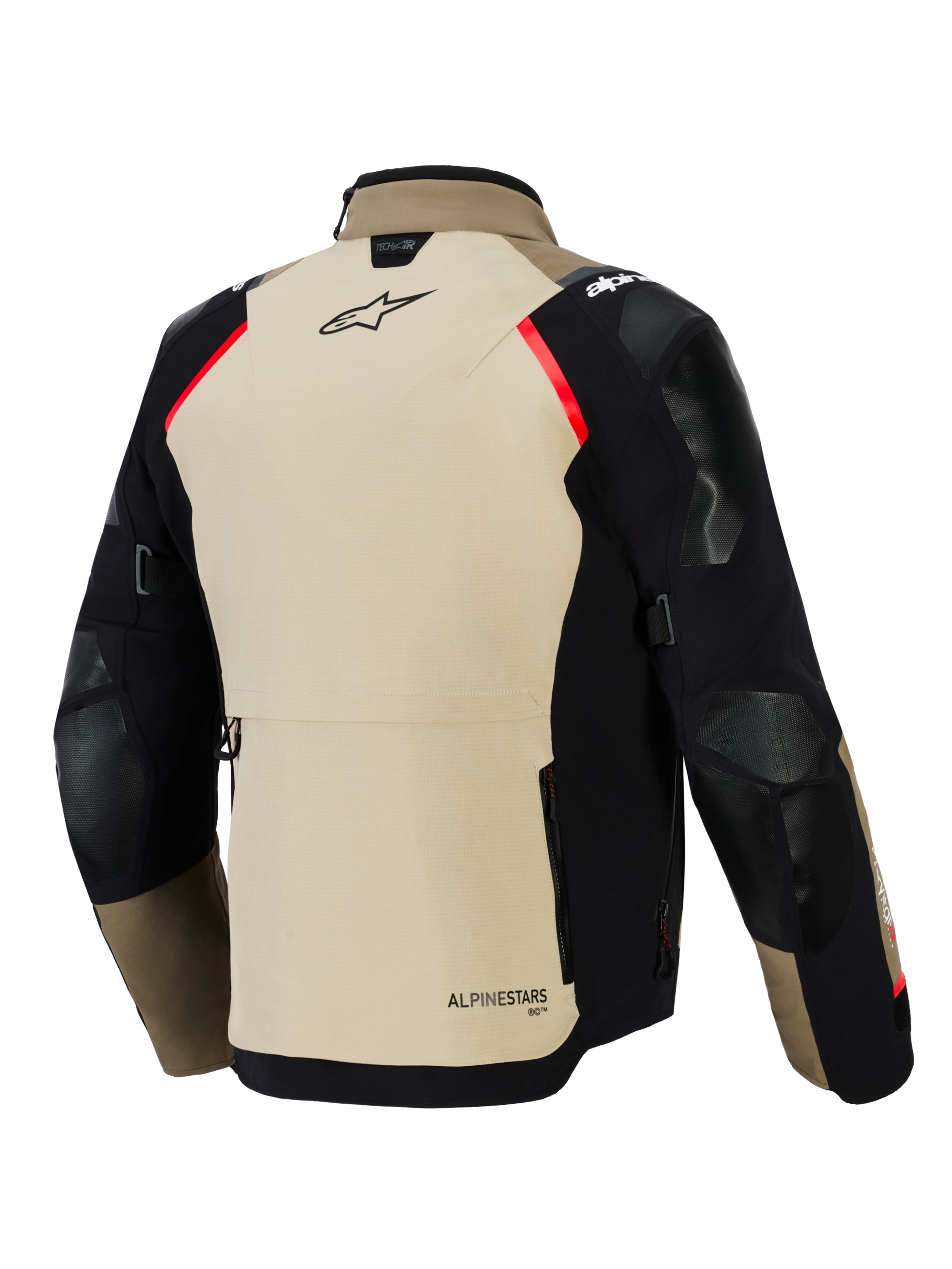 Chaqueta Alpinestars Andes Pro Drystar® XF, vista trasera, color nogal y negro con detalles en rojo, cuenta con paneles reforzados en hombros y codos, gran bolsillo de almacenamiento trasero y logotipos de Alpinestars, equipamiento de motociclismo para touring de aventura