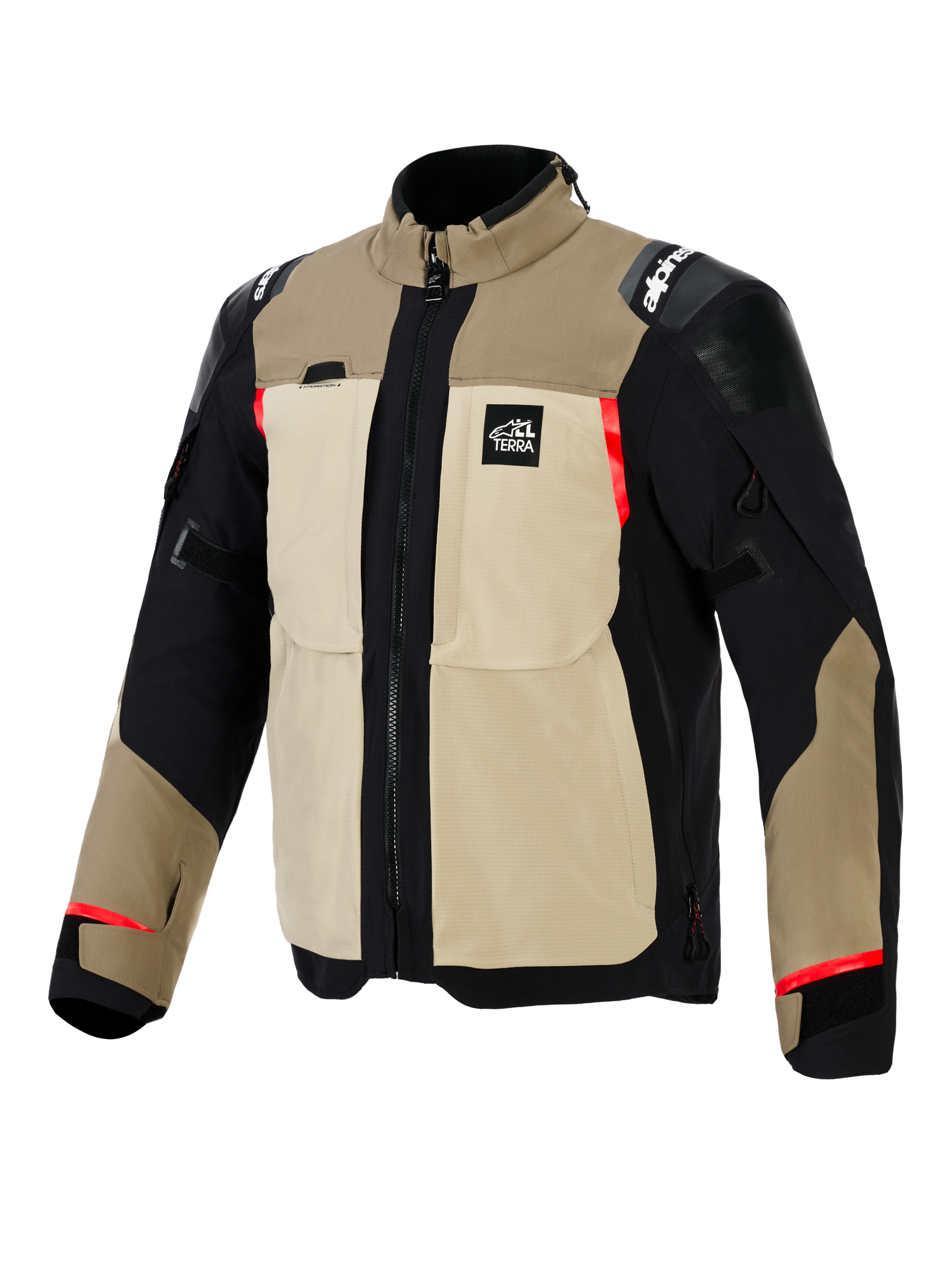 Chaqueta Alpinestars Andes Pro Drystar® XF, chaqueta de motociclismo de aventura, combinación de colores Walnut y Aluminum, confección textil en color beige y negro con detalles rojos, con amplios bolsillos utilitarios en el pecho, logotipo 'All Terra' en el pecho y paneles reforzados en los hombros.