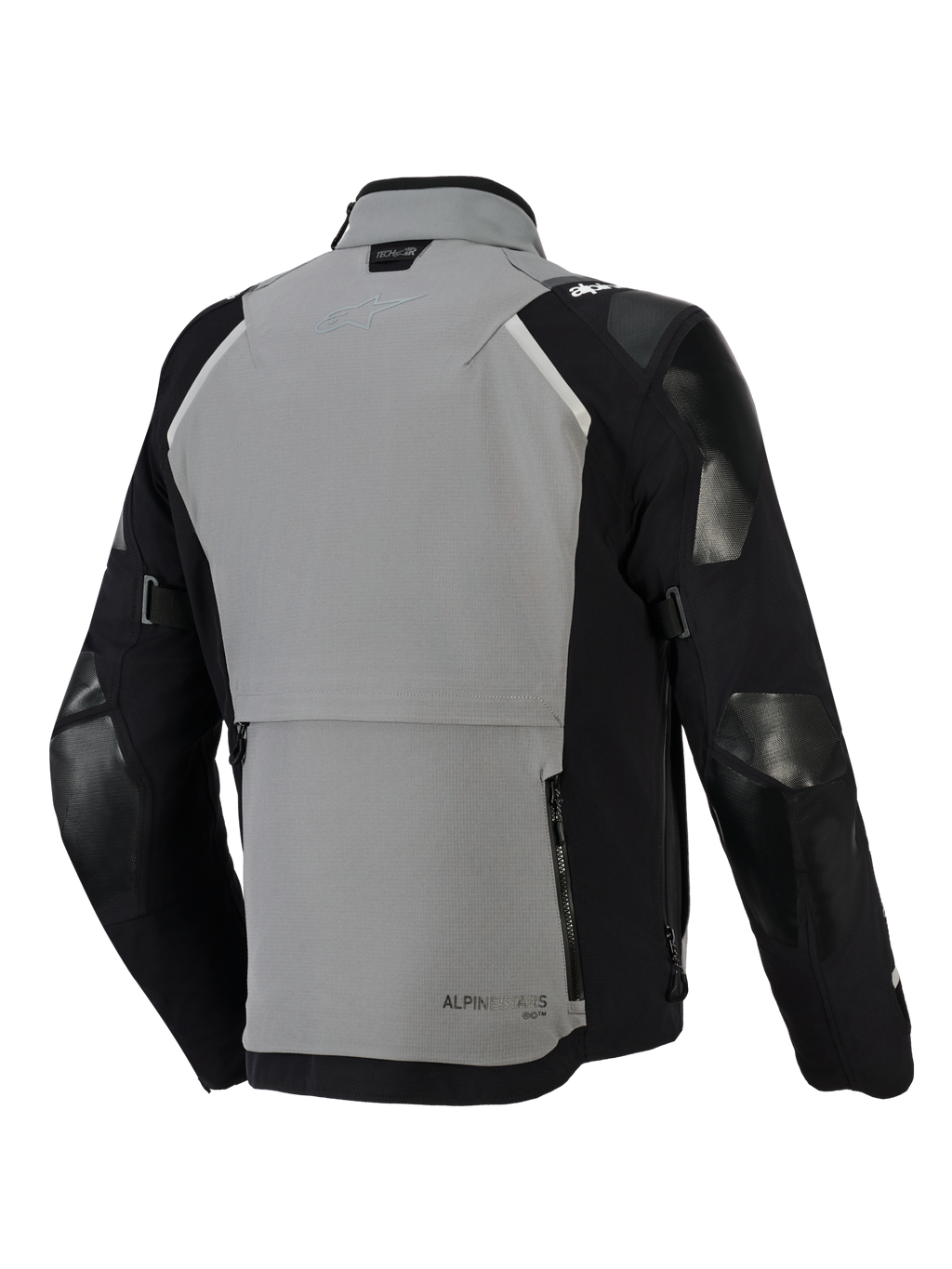 Chaqueta Alpinestars Andes Pro Drystar® XF, chaqueta de motociclismo de aventura, gris oscuro y negro, vista trasera con un gran compartimento de almacenamiento trasero con cremalleras, correas de ajuste en las mangas y marca Tech-Air en el cuello, diseño de capa exterior textil duradera