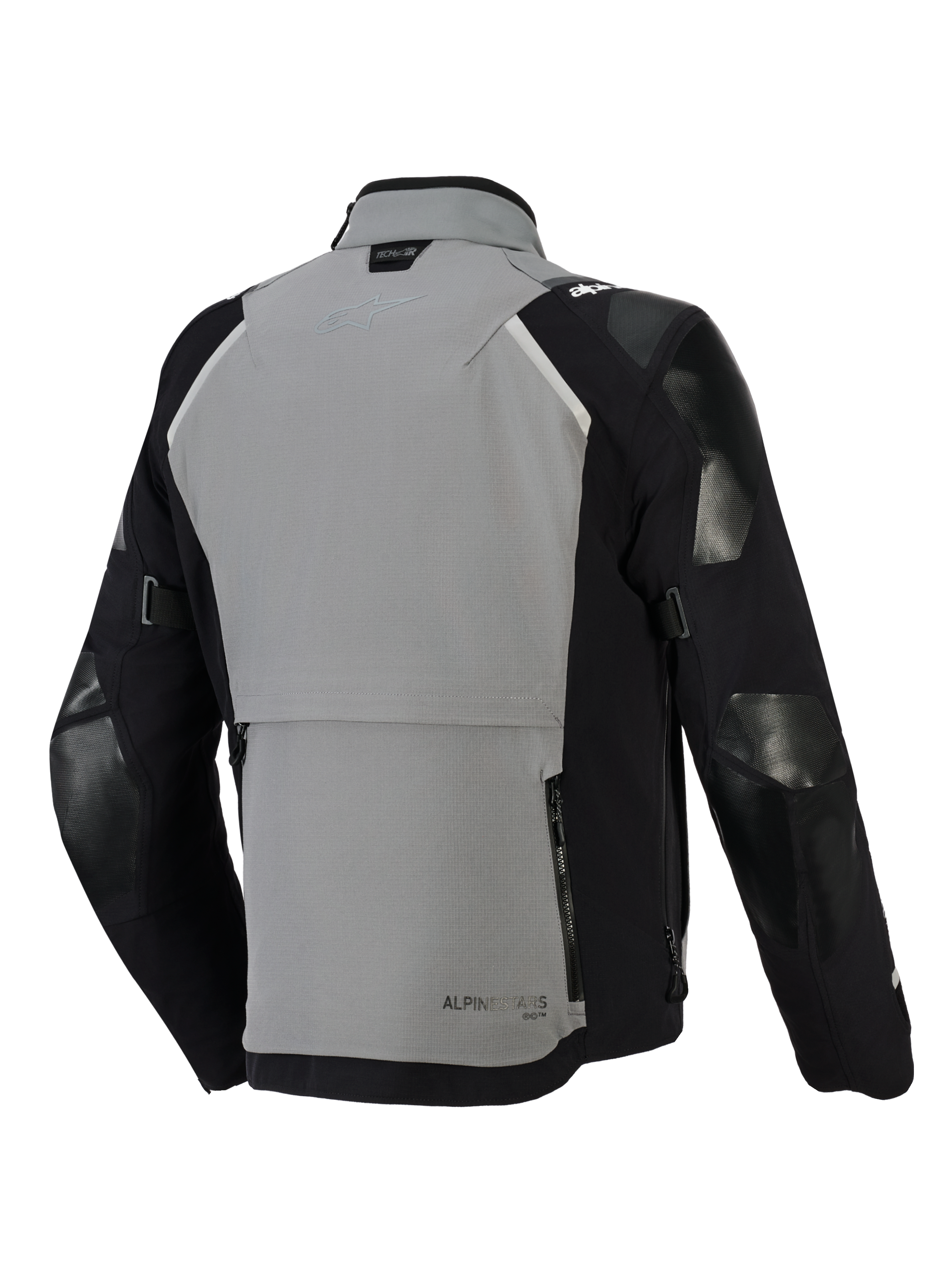 Chaqueta Alpinestars Andes Pro Drystar® XF, chaqueta de motociclismo de aventura, gris oscuro y negro, vista trasera con un gran compartimento de almacenamiento trasero con cremalleras, correas de ajuste en las mangas y marca Tech-Air en el cuello, diseño de capa exterior textil duradera