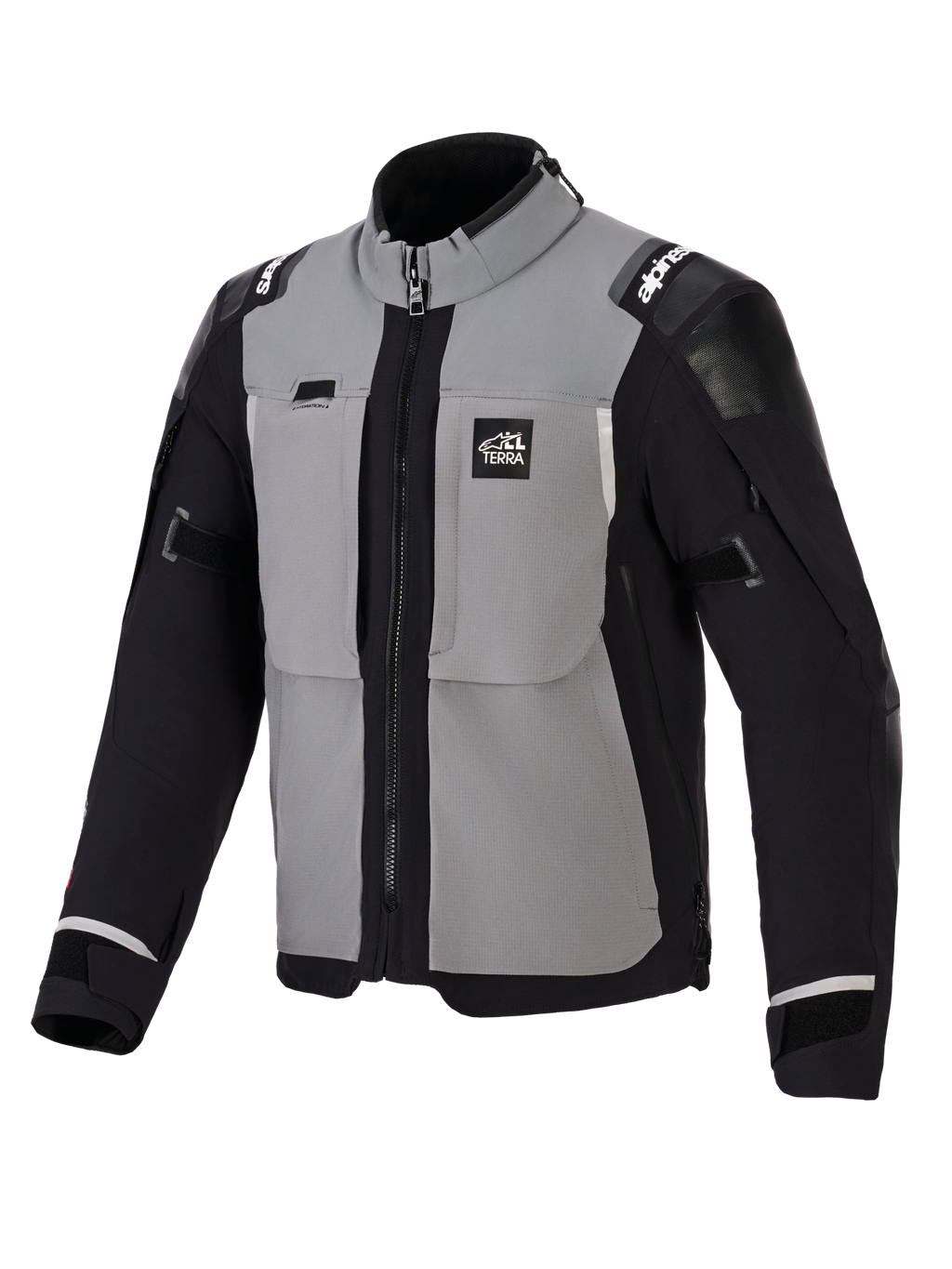 Chaqueta Alpinestars Andes Pro Drystar® XF, chaqueta de moto de aventura, gris oscuro y negro, con paneles grises en el pecho, mangas y laterales negros, marca 'ALL TERRA' en el pecho, logotipo de Alpinestars en los hombros, construcción textil técnica con cremalleras de ventilación y puños ajustables.