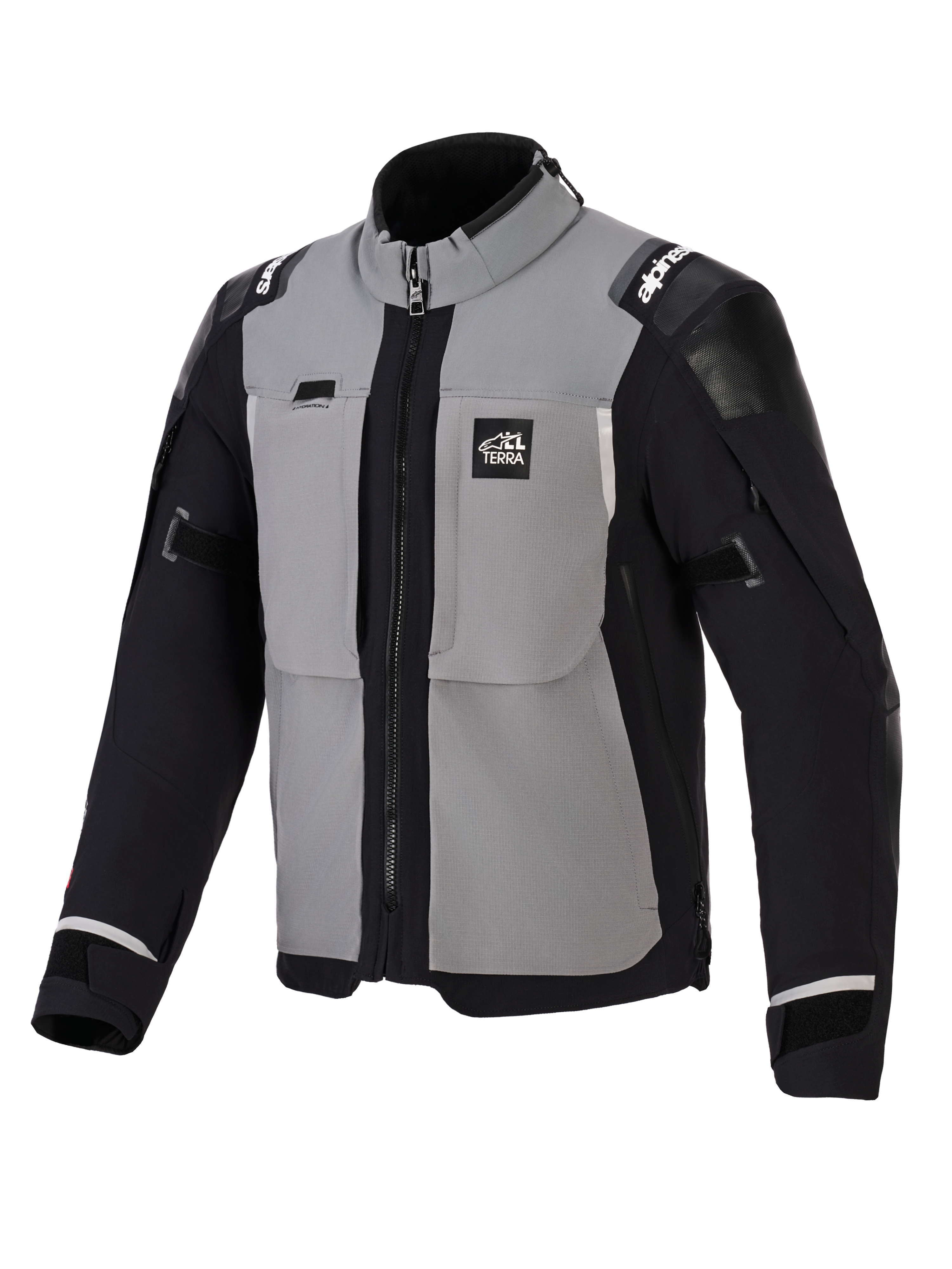 Chaqueta Alpinestars Andes Pro Drystar® XF, chaqueta de moto de aventura, gris oscuro y negro, con paneles grises en el pecho, mangas y laterales negros, marca 'ALL TERRA' en el pecho, logotipo de Alpinestars en los hombros, construcción textil técnica con cremalleras de ventilación y puños ajustables.
