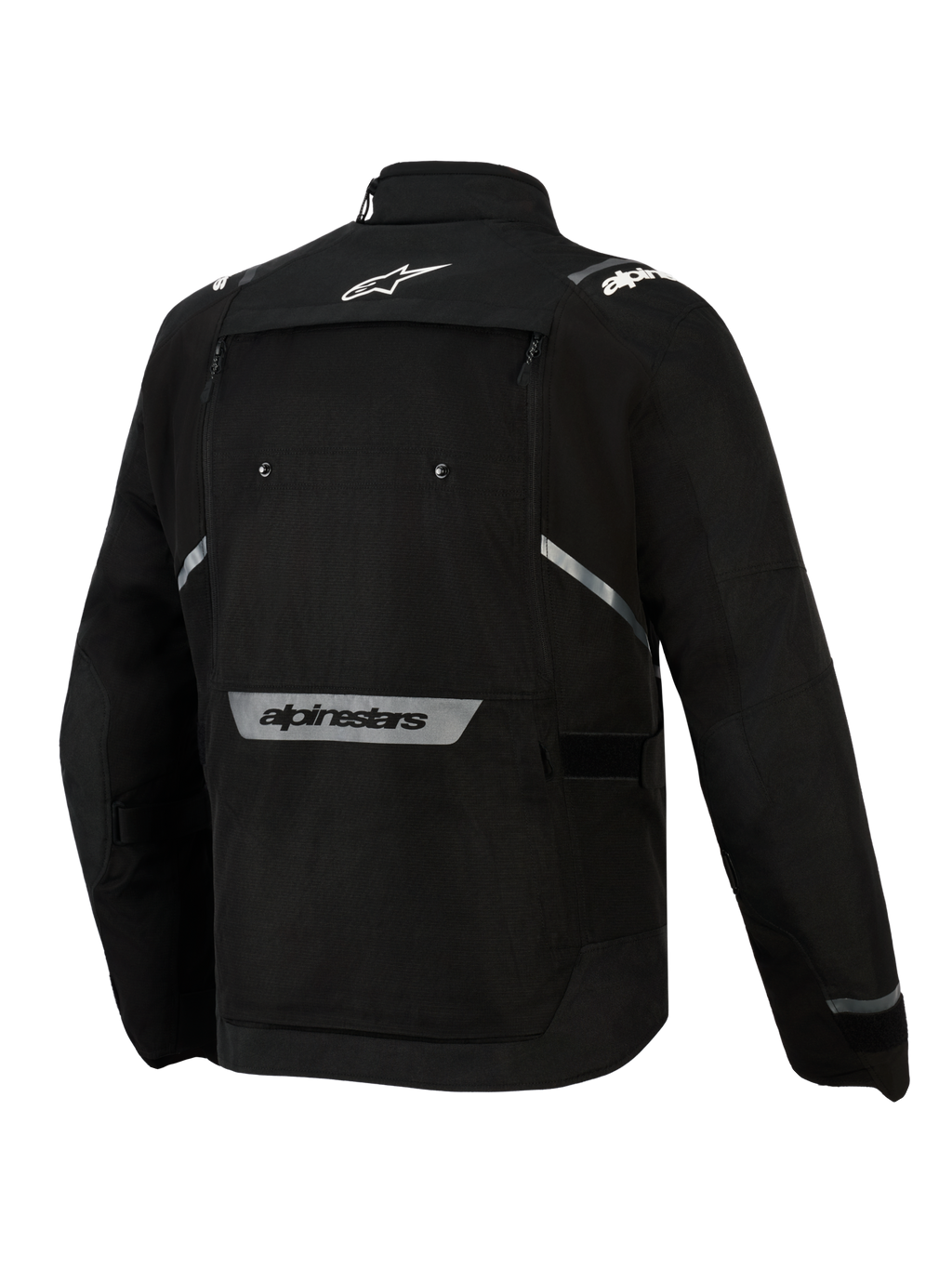 Chaqueta Alpinestars Cusco Drystar®, negro, vista posterior, con logotipo de estrella blanca en la parte superior de la espalda, marca denominativa Alpinestars reflectante en la parte inferior de la espalda, panel de ventilación grande con cremallera y construcción textil duradera para adventure touring