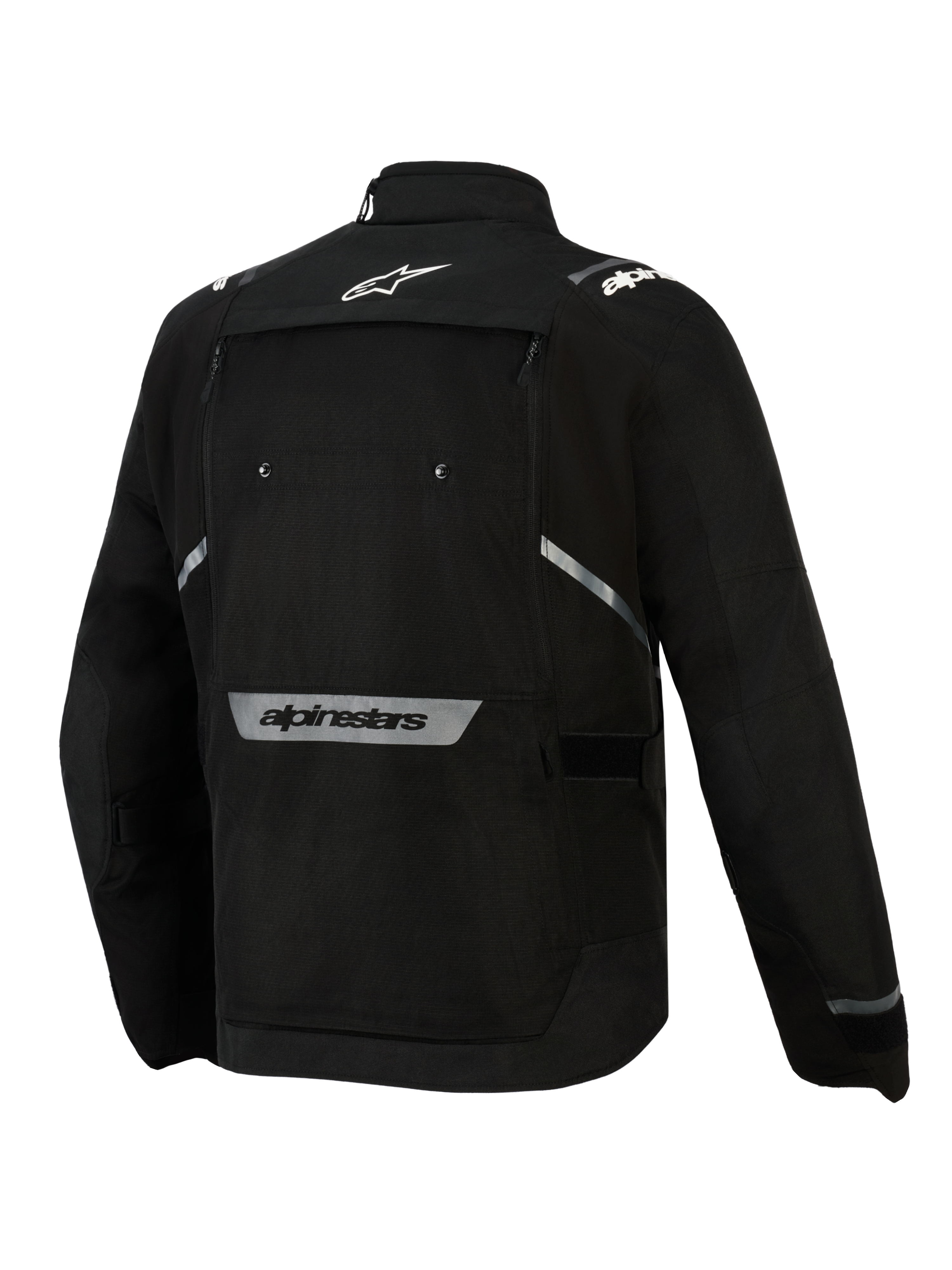 Chaqueta Alpinestars Cusco Drystar®, negro, vista posterior, con logotipo de estrella blanca en la parte superior de la espalda, marca denominativa Alpinestars reflectante en la parte inferior de la espalda, panel de ventilación grande con cremallera y construcción textil duradera para adventure touring