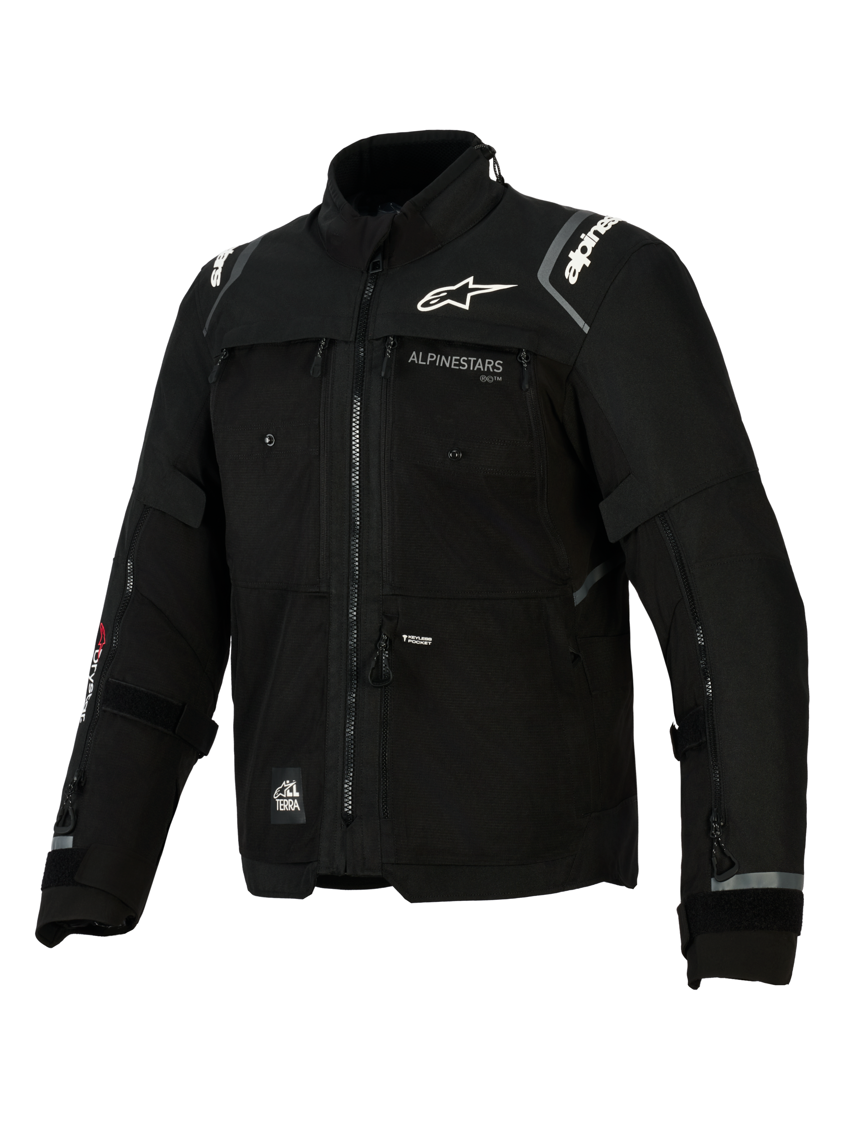 Chaqueta Alpinestars Cusco Drystar®, chaqueta de moto negra para adventure touring, cuenta con construcción textil técnica con múltiples cremalleras de ventilación, logotipo blanco de Alpinestars en el pecho y los hombros, distintivos de All Terra y detalles reflectantes