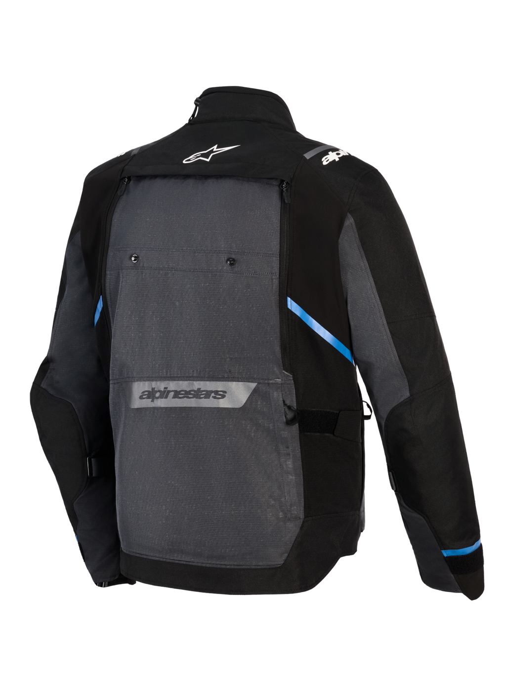 Chaqueta Alpinestars Cusco Drystar®, chaqueta de moto Adventure Touring, negra y gris oscuro, vista posterior que muestra un gran panel trasero gris, detalles azules, logotipos de Alpinestars en la parte superior e inferior de la espalda y construcción de tejido ripstop duradero