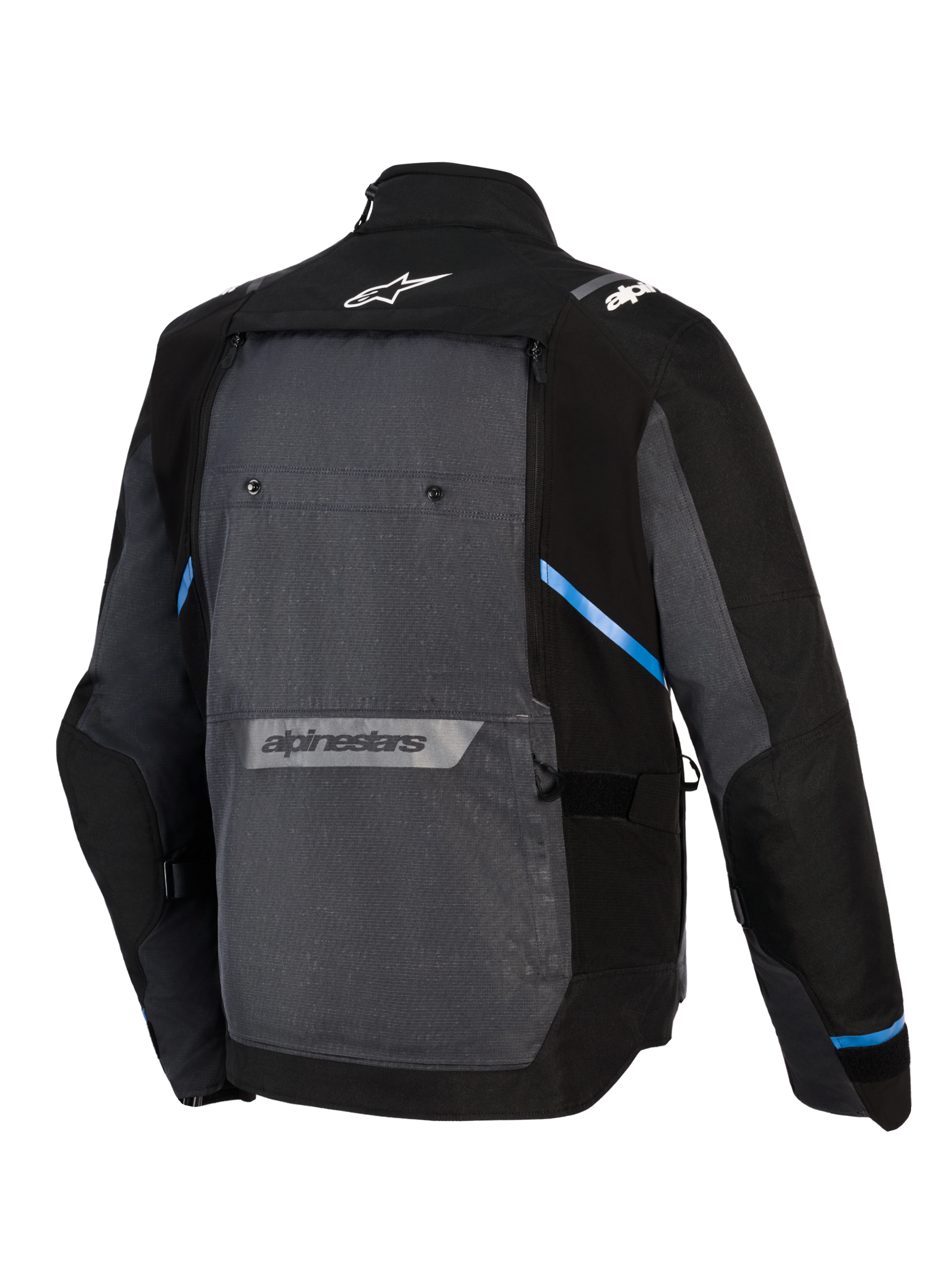 Chaqueta Alpinestars Cusco Drystar®, chaqueta de moto Adventure Touring, negra y gris oscuro, vista posterior que muestra un gran panel trasero gris, detalles azules, logotipos de Alpinestars en la parte superior e inferior de la espalda y construcción de tejido ripstop duradero