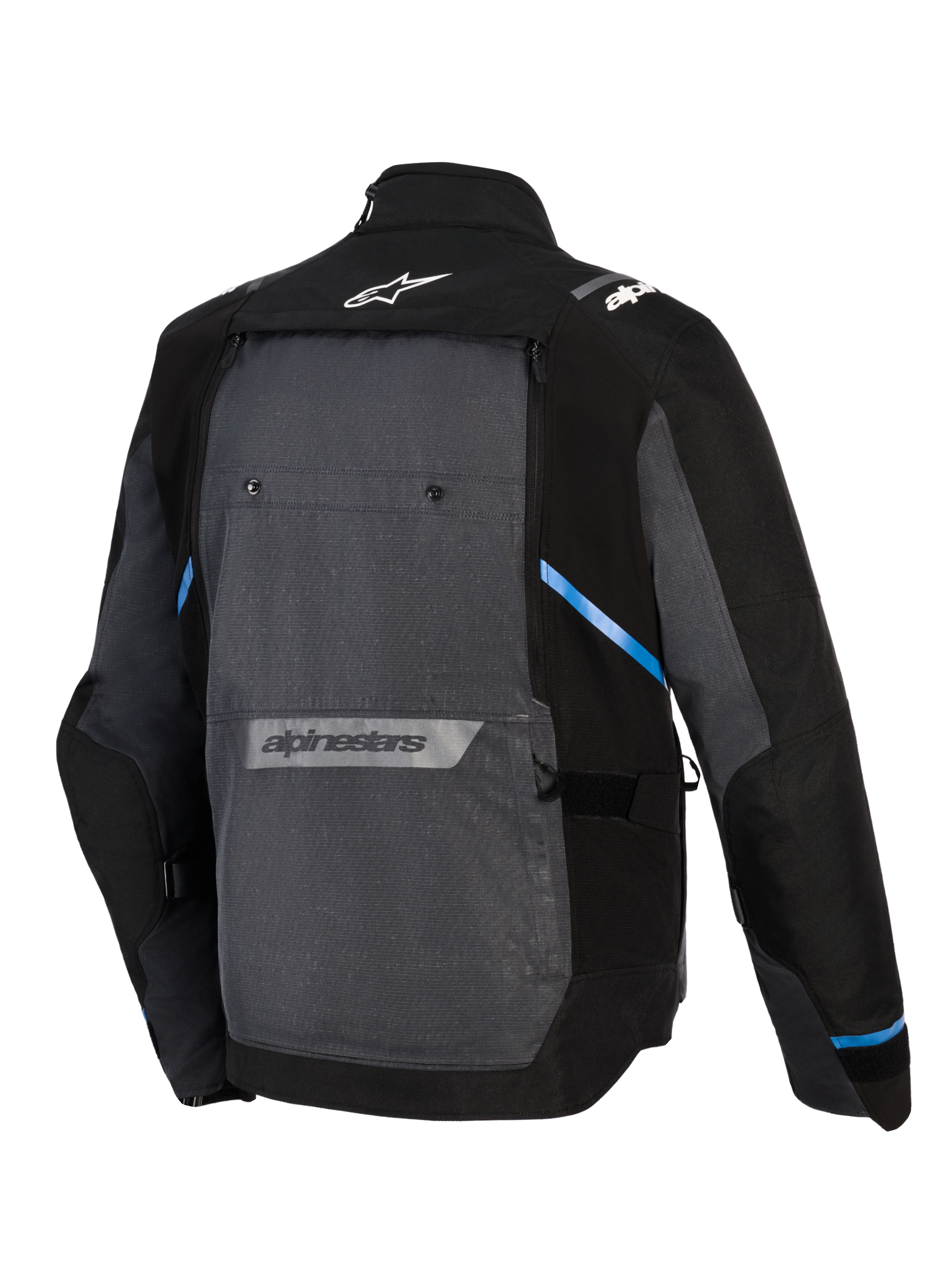 Chaqueta Alpinestars Cusco Drystar®, chaqueta de moto Adventure Touring, negra y gris oscuro, vista posterior que muestra un gran panel trasero gris, detalles azules, logotipos de Alpinestars en la parte superior e inferior de la espalda y construcción de tejido ripstop duradero