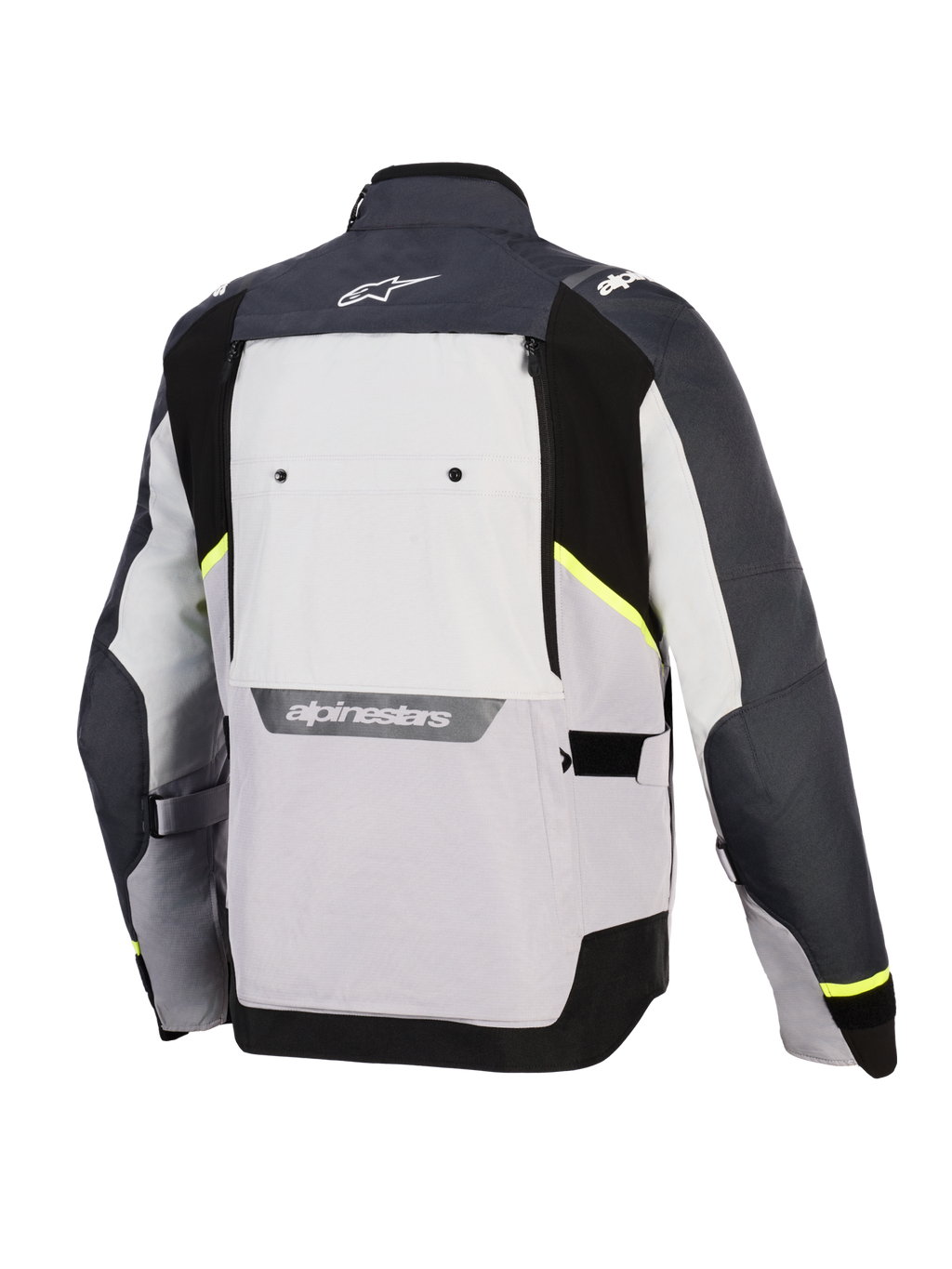 Chaqueta Alpinestars Cusco Drystar®, chaqueta de moto, gris hielo, gris medio y gris oscuro, vista trasera con paneles textiles multitono, detalles en amarillo neón, panel de ventilación trasero grande y la marca Alpinestars en blanco en el cuello y la parte inferior de la espalda