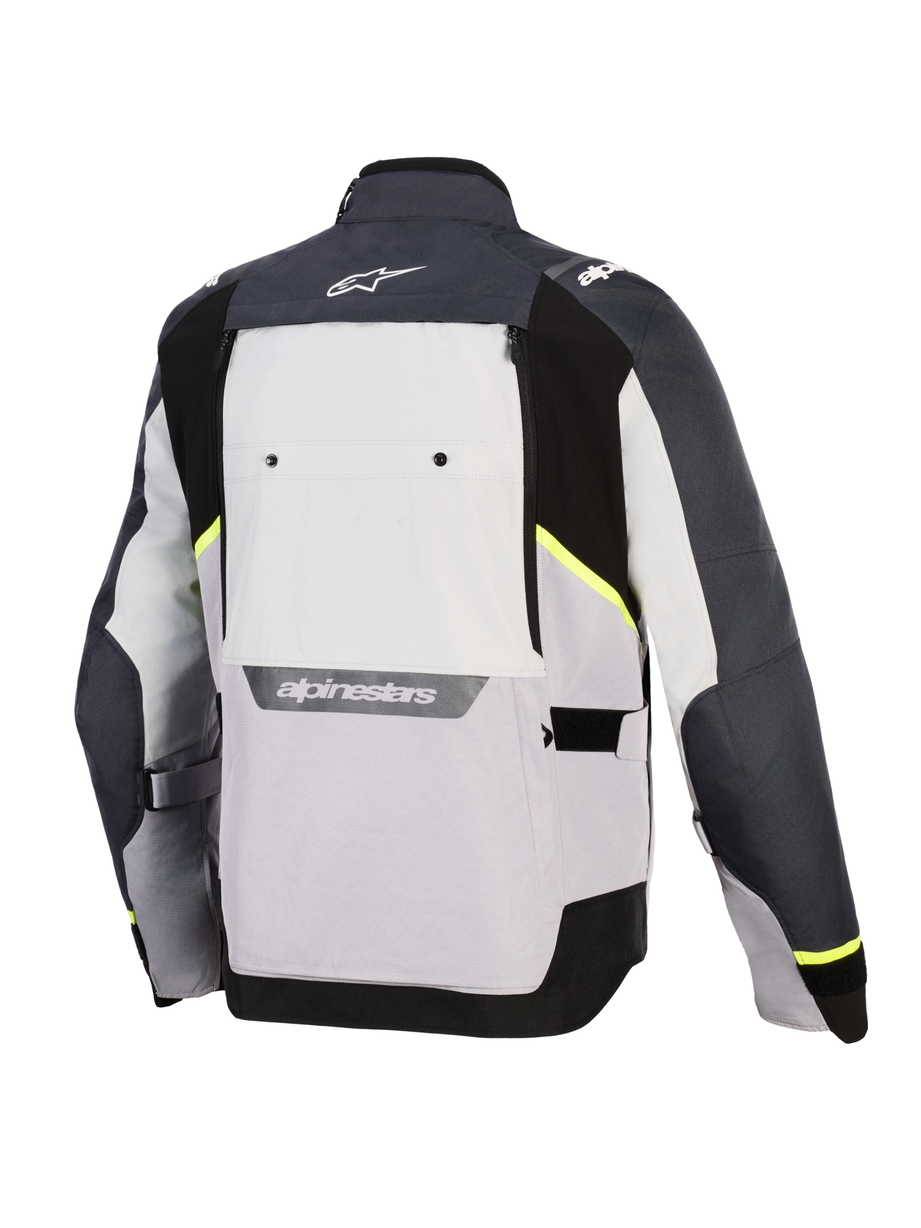Chaqueta Alpinestars Cusco Drystar®, chaqueta de moto, gris hielo, gris medio y gris oscuro, vista trasera con paneles textiles multitono, detalles en amarillo neón, panel de ventilación trasero grande y la marca Alpinestars en blanco en el cuello y la parte inferior de la espalda