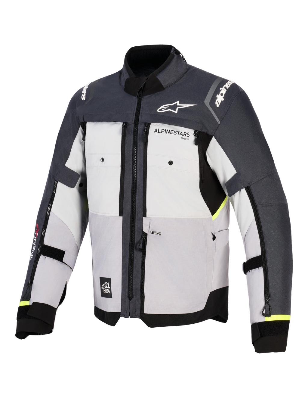 Chaqueta Alpinestars Cusco Drystar®, chaqueta de aventura para moto, gris hielo, gris medio y gris oscuro, vista frontal con construcción textil de múltiples paneles, ventilaciones con cremallera en el pecho y logotipos de Alpinestars en el pecho y los hombros