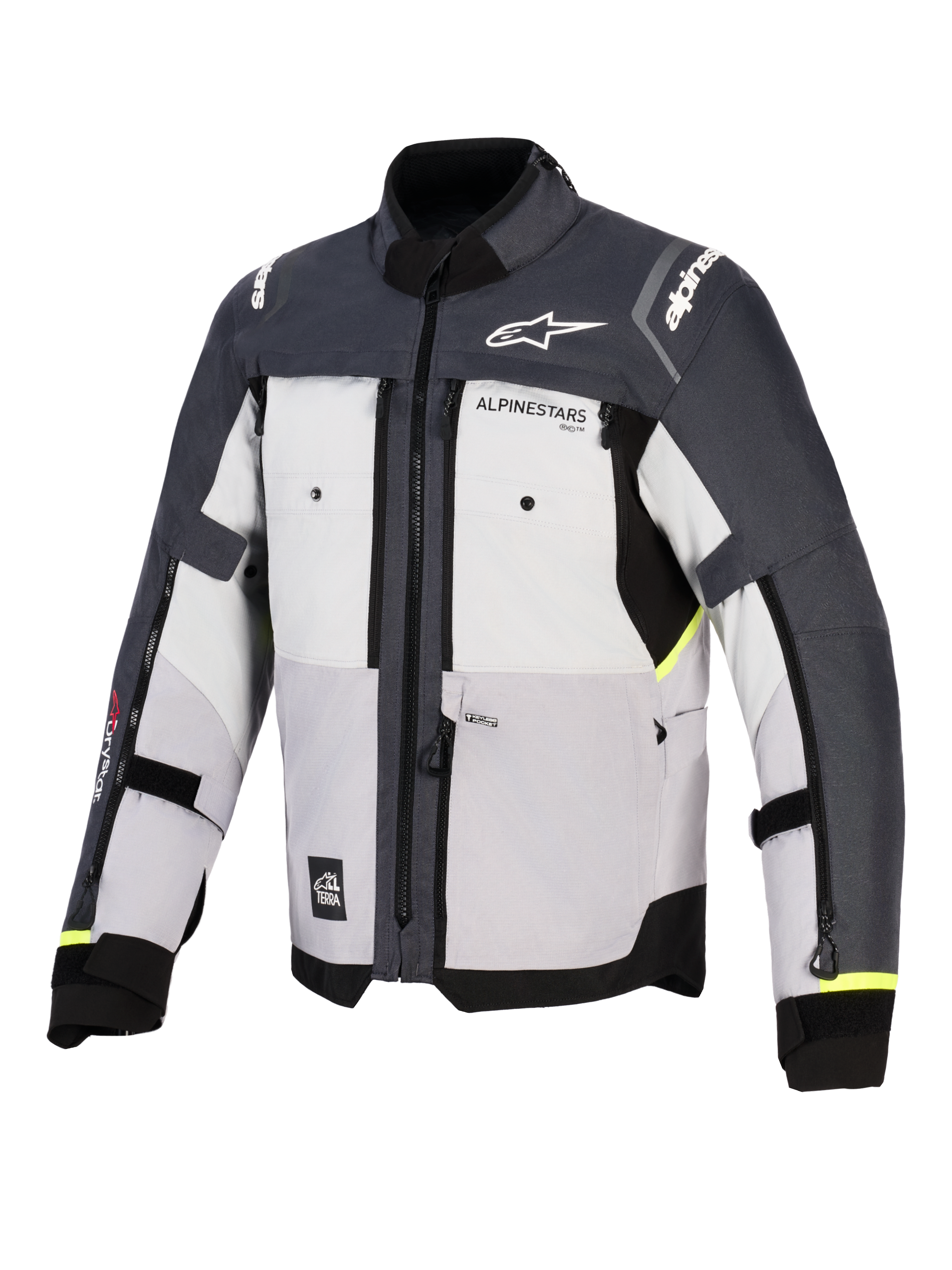 Chaqueta Alpinestars Cusco Drystar®, chaqueta de aventura para moto, gris hielo, gris medio y gris oscuro, vista frontal con construcción textil de múltiples paneles, ventilaciones con cremallera en el pecho y logotipos de Alpinestars en el pecho y los hombros