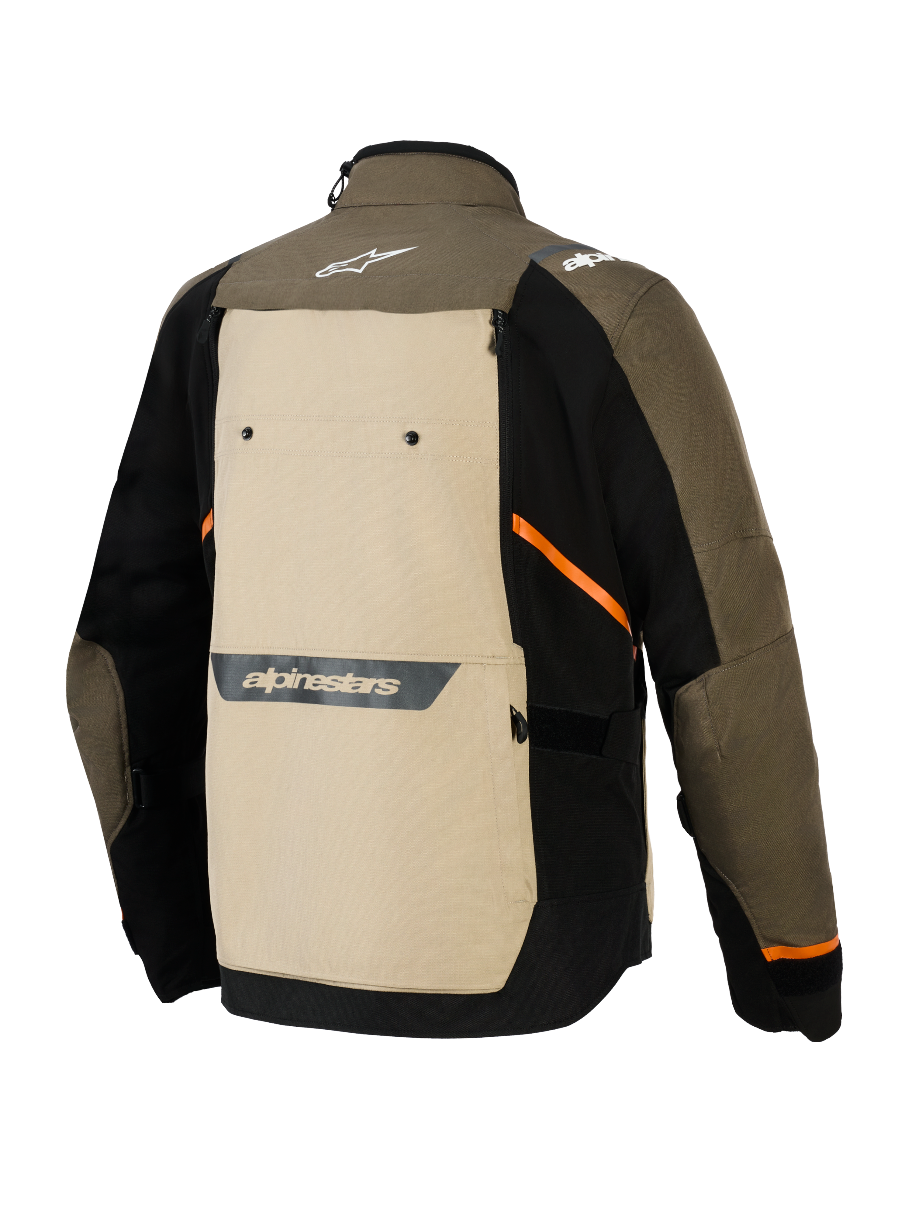 Alpinestars Cusco Drystar® Jacket, vista posterior, color Walnut Aluminum Black, chaqueta textil de aventura para motocicleta con un panel posterior beige grande, acentos diagonales naranjas y logotipos reflectantes sobre una base marrón y negra.